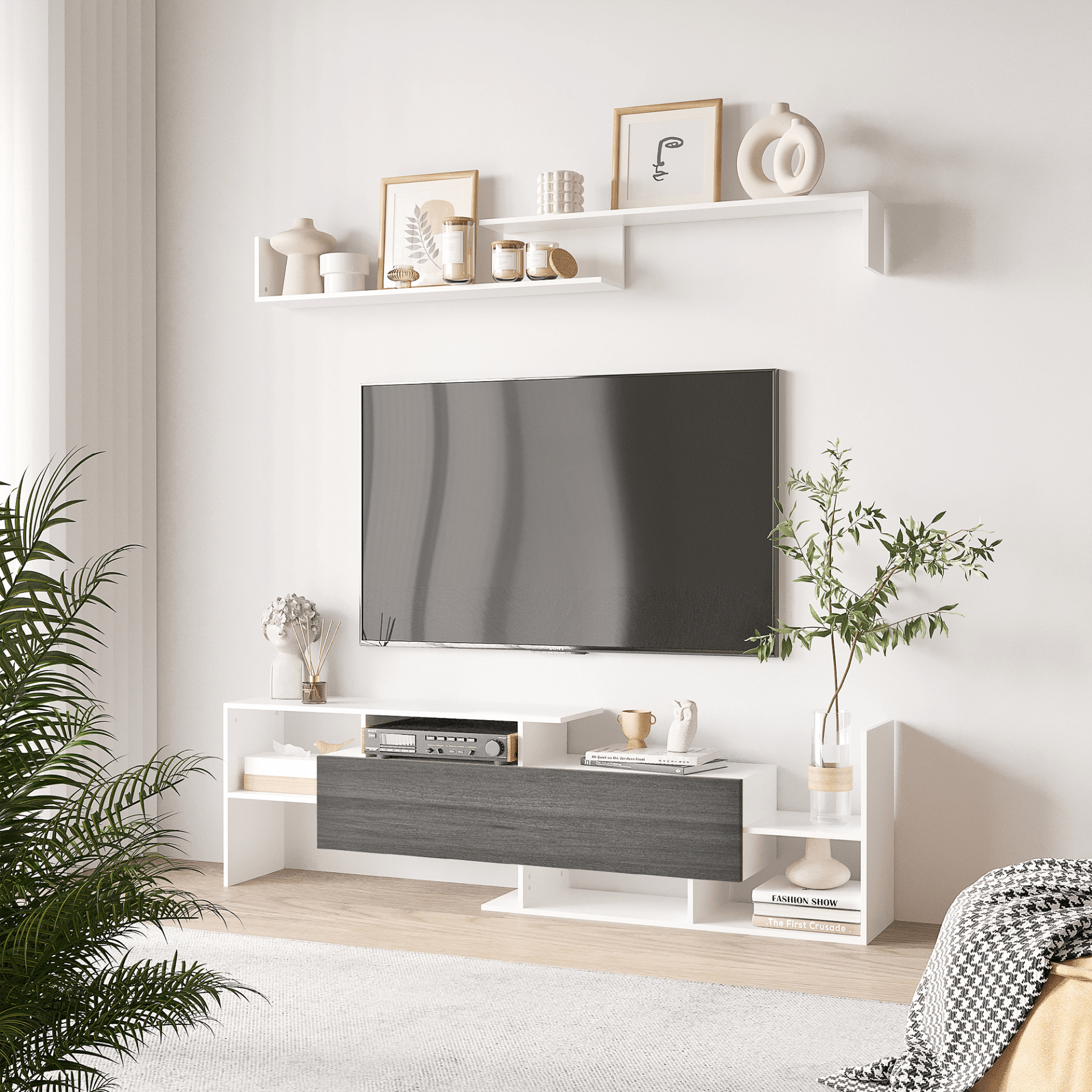 Modern TV Cabinet & Shelf Set, Elegant Storage, White & Grey, Sleek TV Cabinet & Wall Shelf for 65