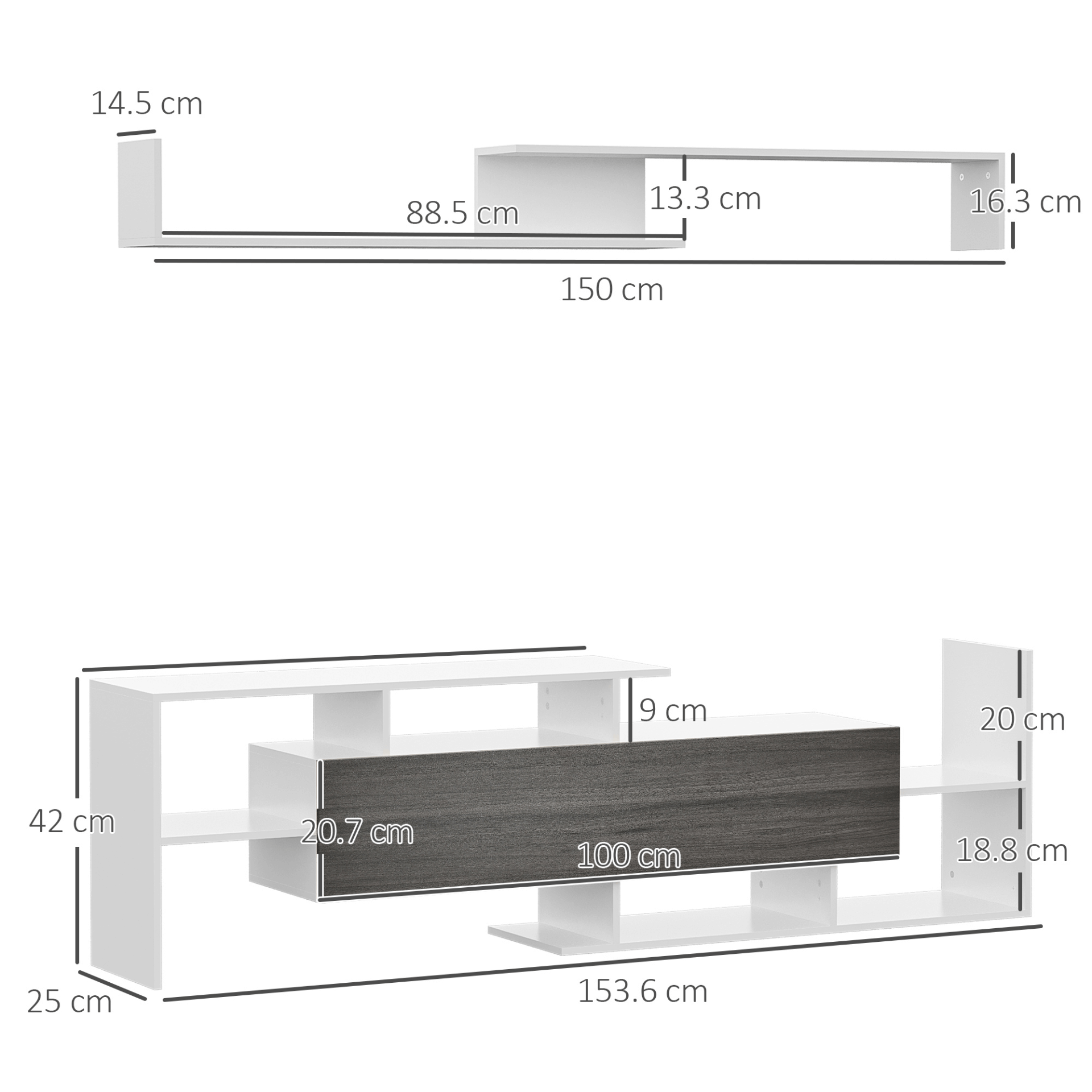 Modern TV Cabinet & Shelf Set, Elegant Storage, White & Grey, Sleek TV Cabinet & Wall Shelf for 65