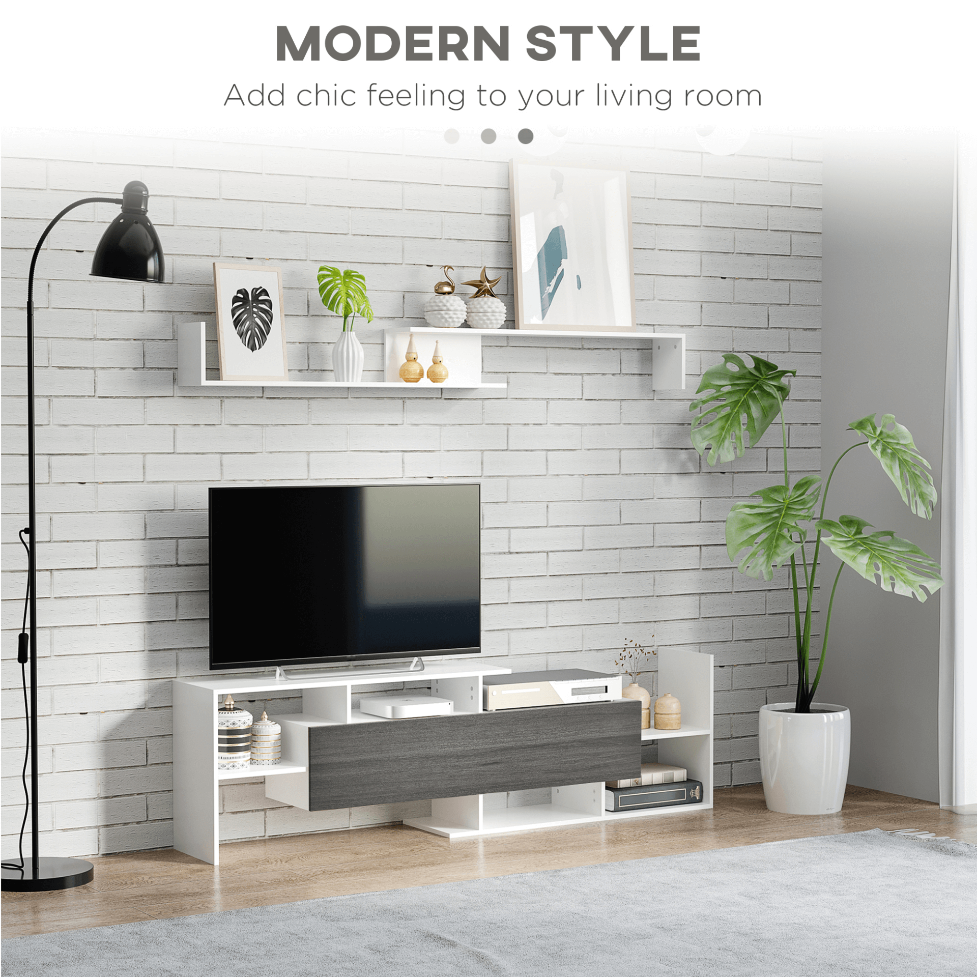 Modern TV Cabinet & Shelf Set, Elegant Storage, White & Grey, Sleek TV Cabinet & Wall Shelf for 65