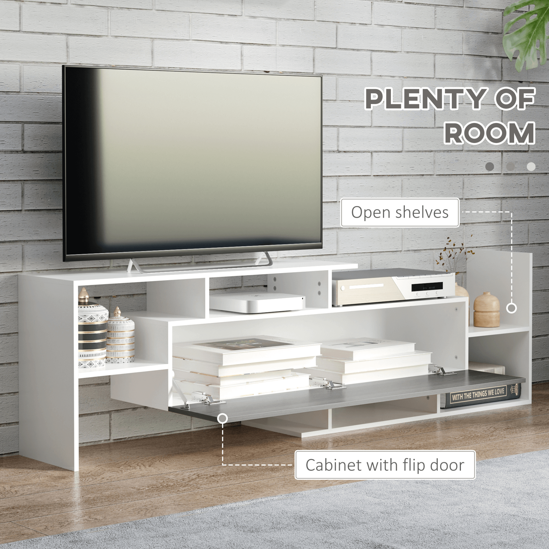 Modern TV Cabinet & Shelf Set, Elegant Storage, White & Grey, Sleek TV Cabinet & Wall Shelf for 65