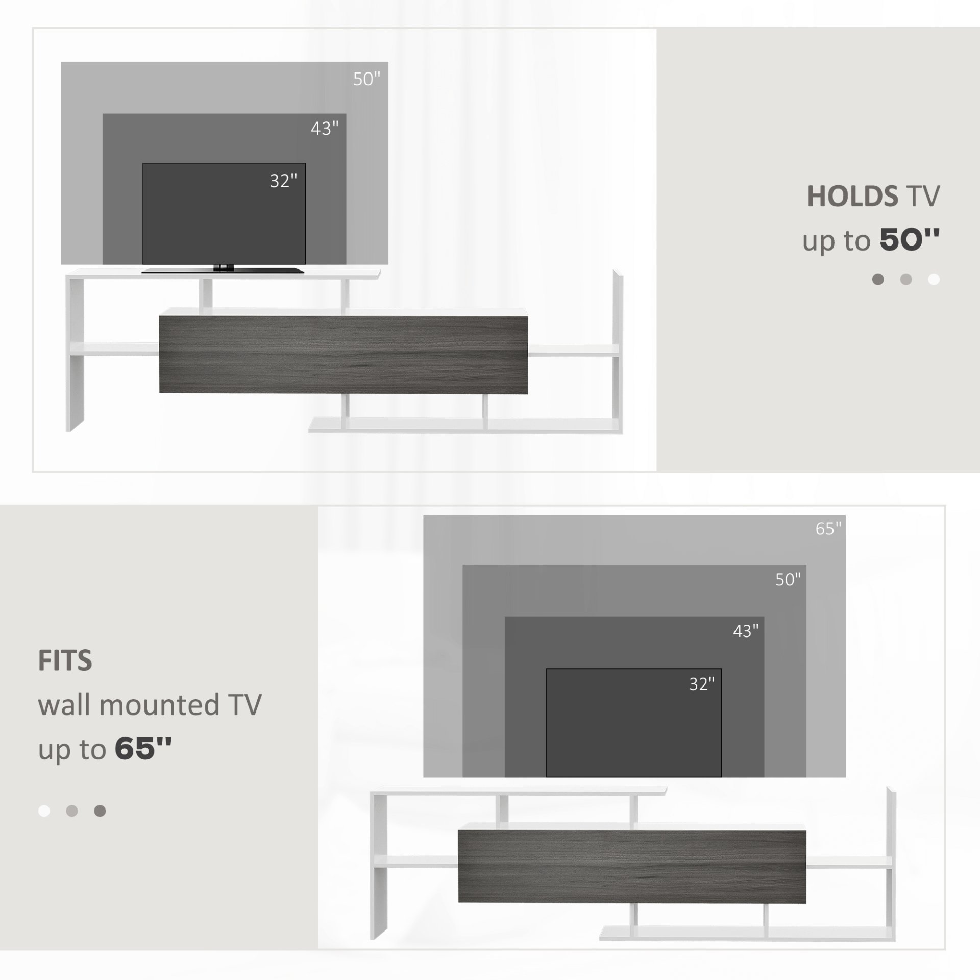 Modern TV Cabinet & Shelf Set, Elegant Storage, White & Grey, Sleek TV Cabinet & Wall Shelf for 65