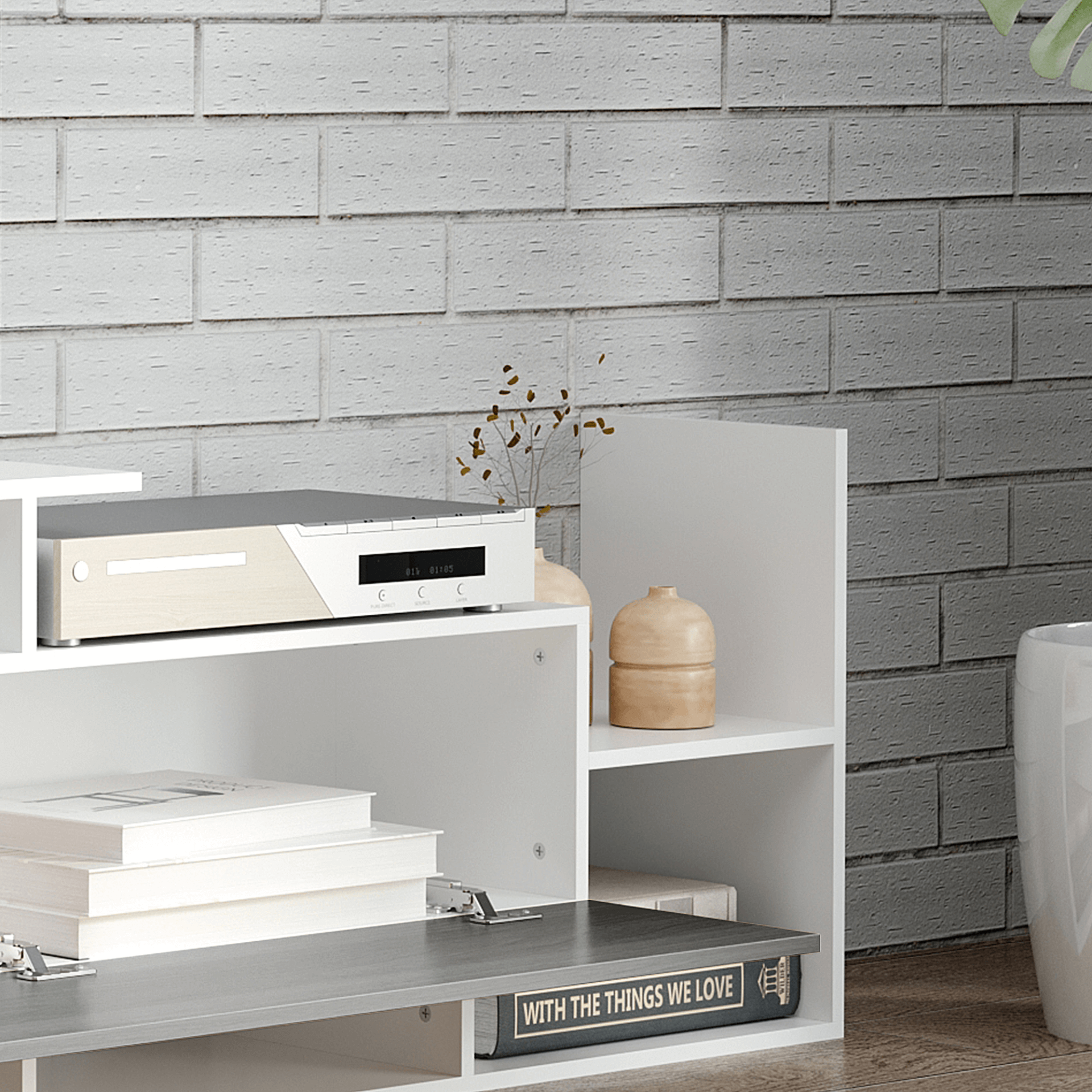 Modern TV Cabinet & Shelf Set, Elegant Storage, White & Grey, Sleek TV Cabinet & Wall Shelf for 65