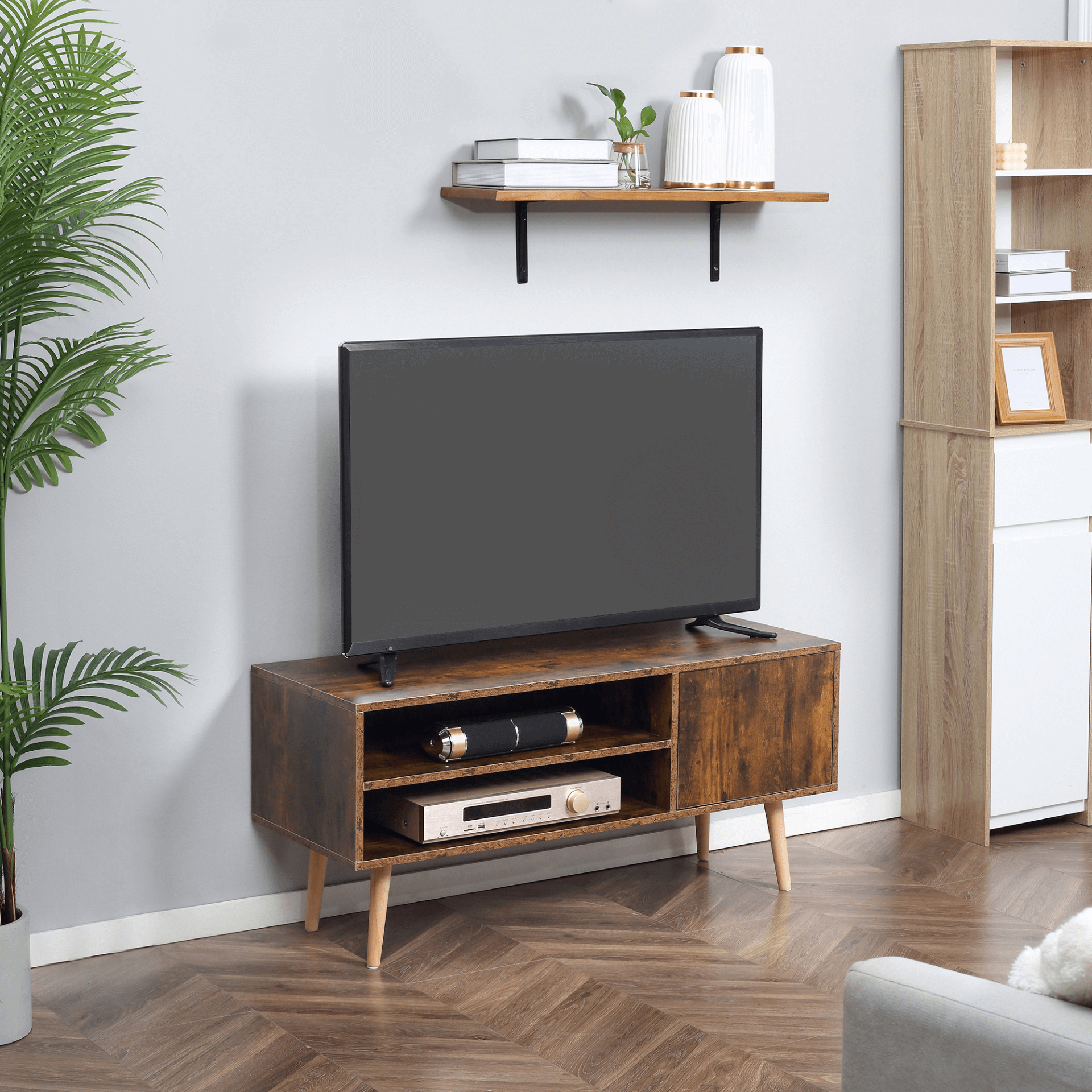 Stylish Brown TV Unit Cabinet for TVs up to 55 Inches, Retro brown TV stand with cupboard and shelves, ideal for 55