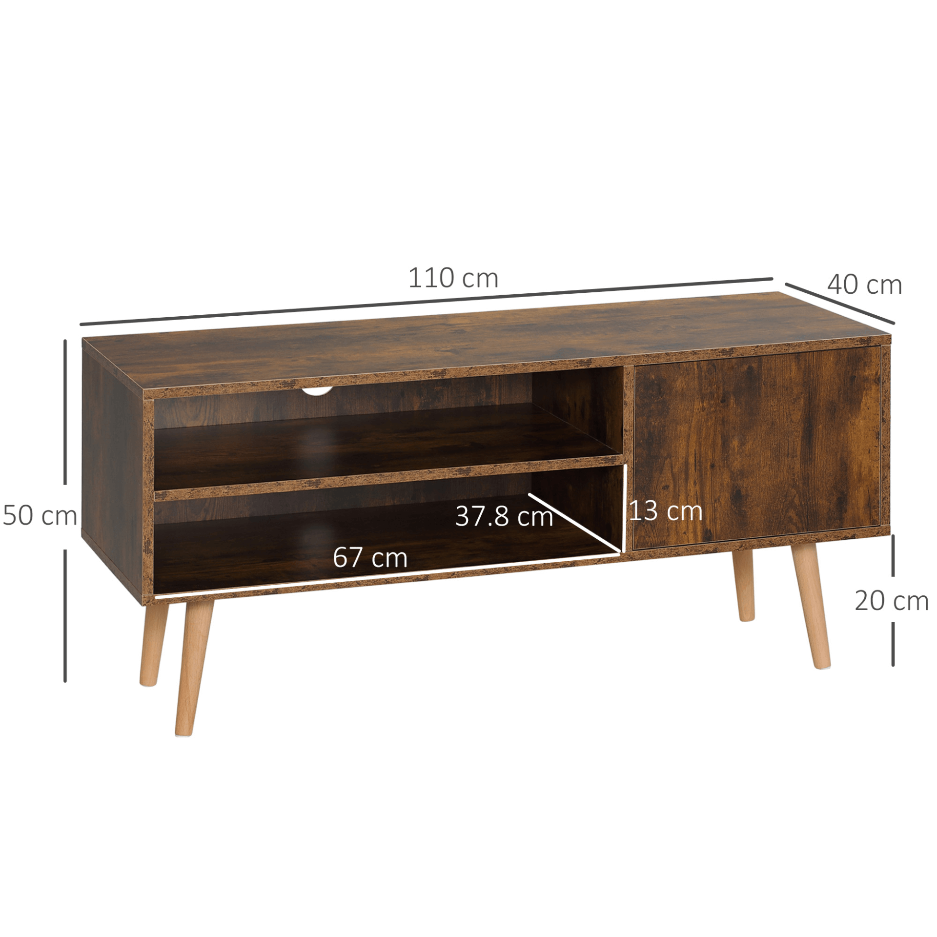 Stylish Brown TV Unit Cabinet for TVs up to 55 Inches, Retro brown TV stand with cupboard and shelves, ideal for 55