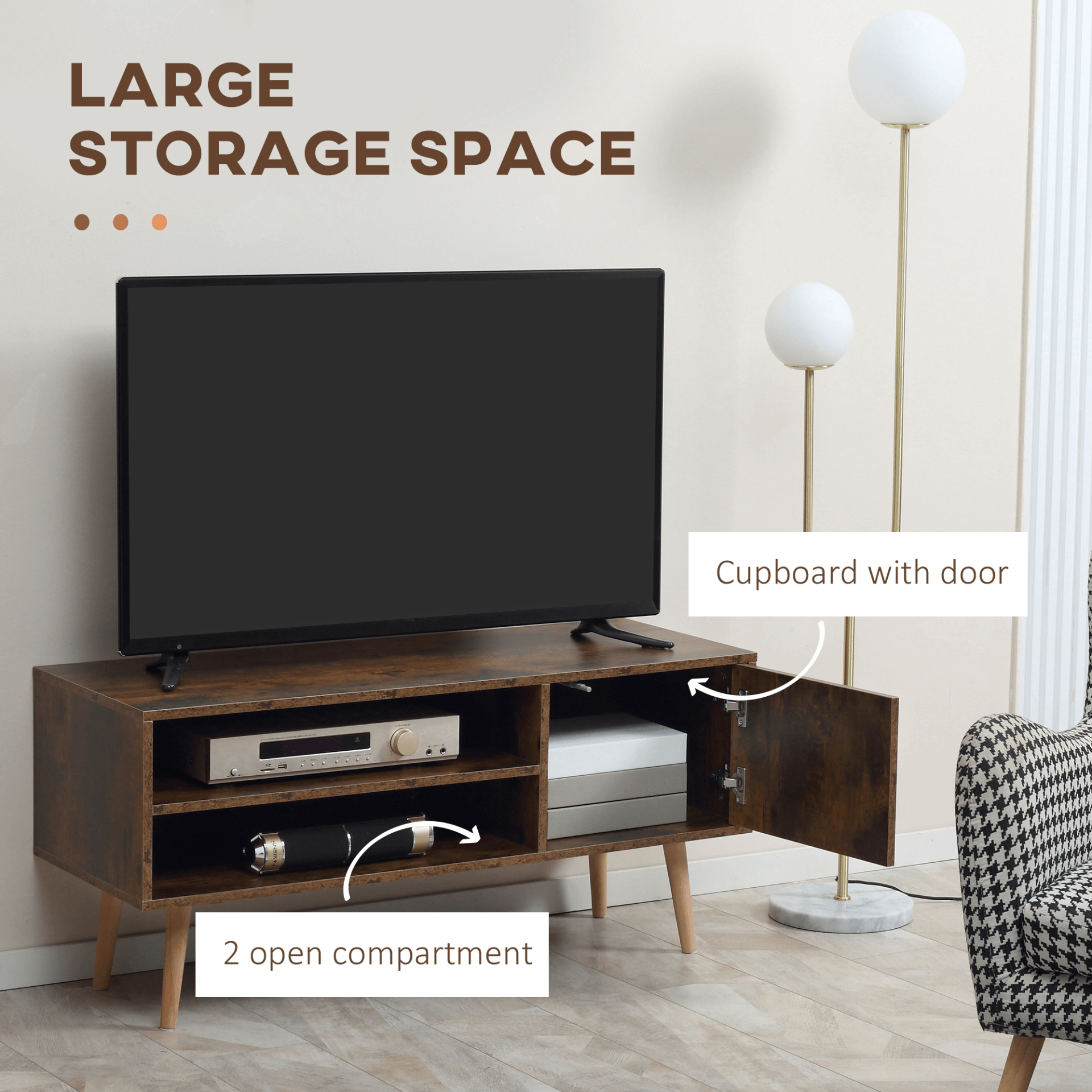 Stylish Brown TV Unit Cabinet for TVs up to 55 Inches, Retro brown TV stand with cupboard and shelves, ideal for 55