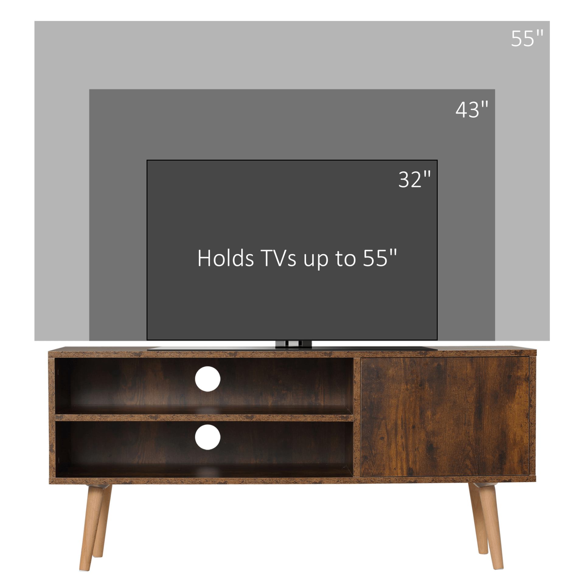 Stylish Brown TV Unit Cabinet for TVs up to 55 Inches, Retro brown TV stand with cupboard and shelves, ideal for 55