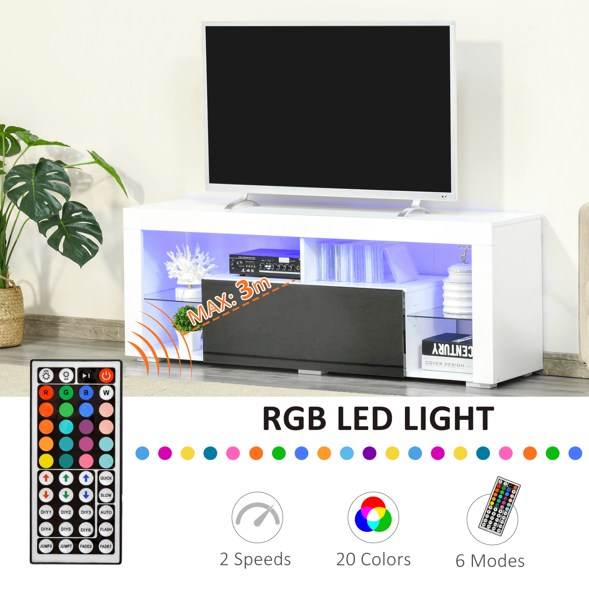 Sleek 140cm TV Stand LED RGB Lights, Discover the sleek 140cm TV stand with LED RGB lights, ample storage for 55-inch TVs, and high gloss black & white design. Perfect for modern living spaces!