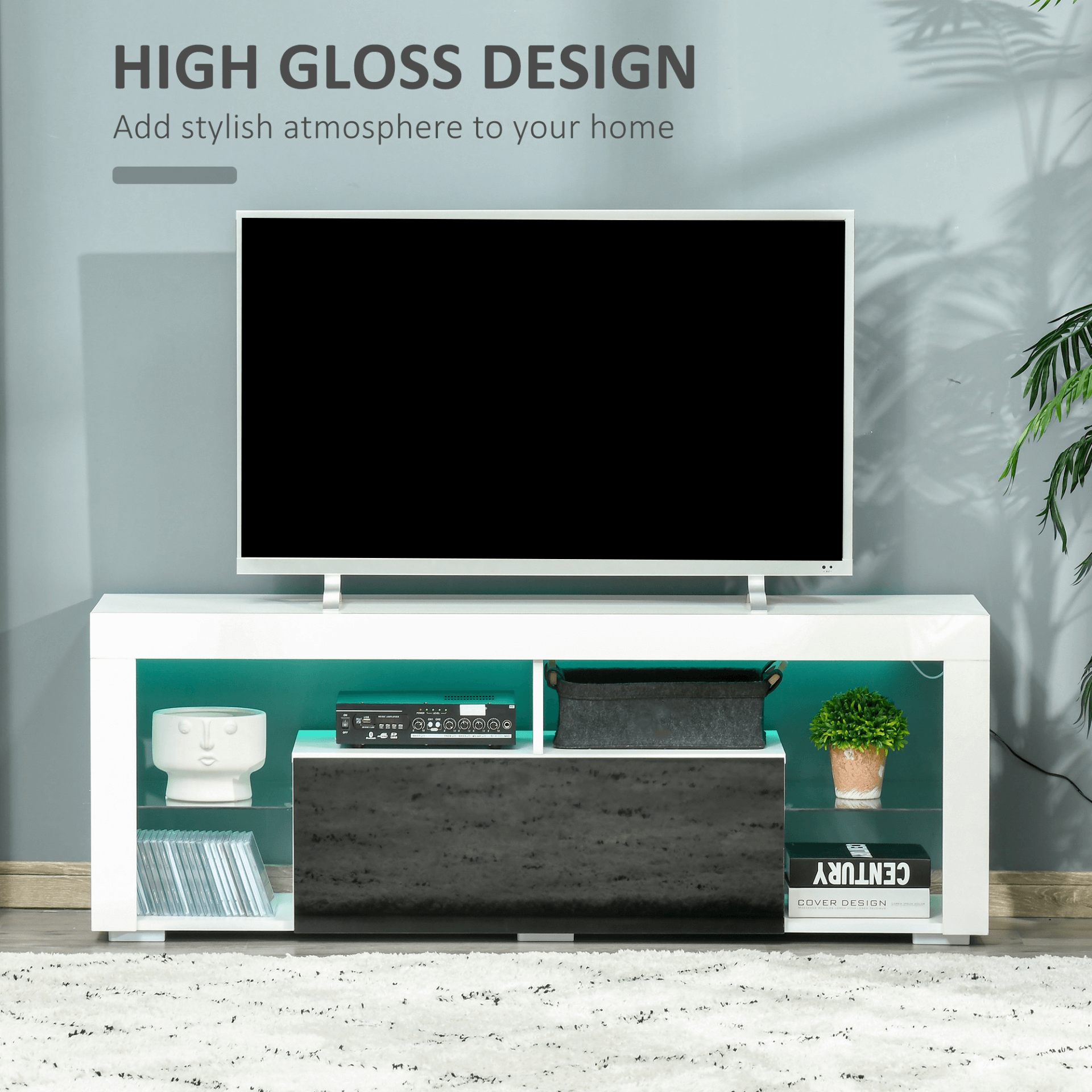 Sleek 140cm TV Stand LED RGB Lights, Discover the sleek 140cm TV stand with LED RGB lights, ample storage for 55-inch TVs, and high gloss black & white design. Perfect for modern living spaces!