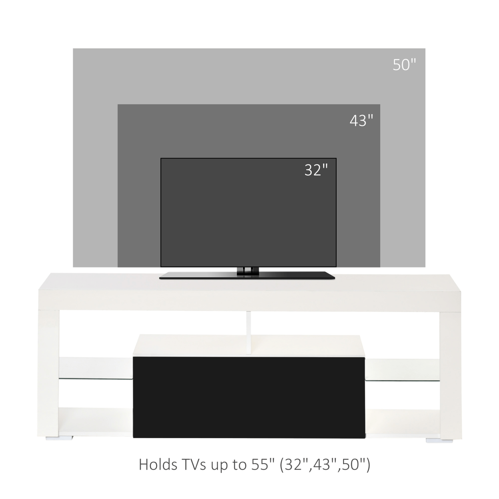 Sleek 140cm TV Stand LED RGB Lights, Discover the sleek 140cm TV stand with LED RGB lights, ample storage for 55-inch TVs, and high gloss black & white design. Perfect for modern living spaces!