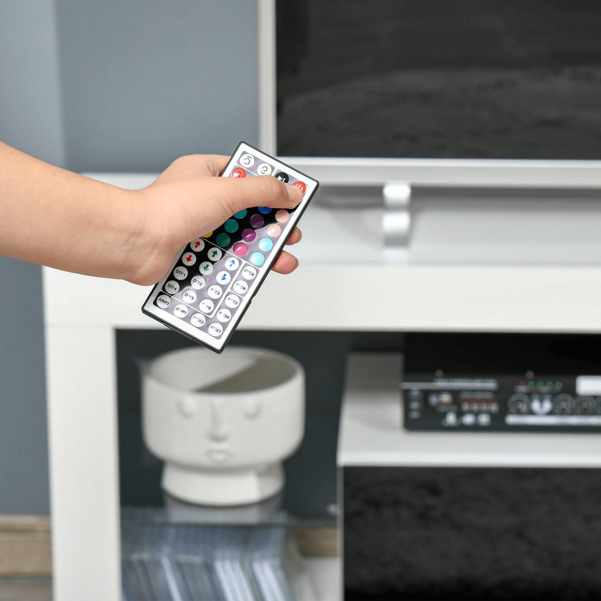 Sleek 140cm TV Stand LED RGB Lights, Discover the sleek 140cm TV stand with LED RGB lights, ample storage for 55-inch TVs, and high gloss black & white design. Perfect for modern living spaces!