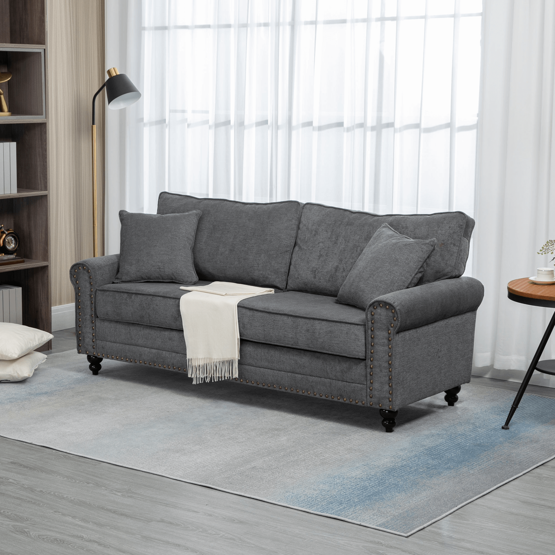 Grey 2 Seater Sofa | Elegant Loveseat for Living Room, Upgrade your home with this stylish grey 2 seater sofa, featuring nailhead trim and cushions. Perfect for small spaces.