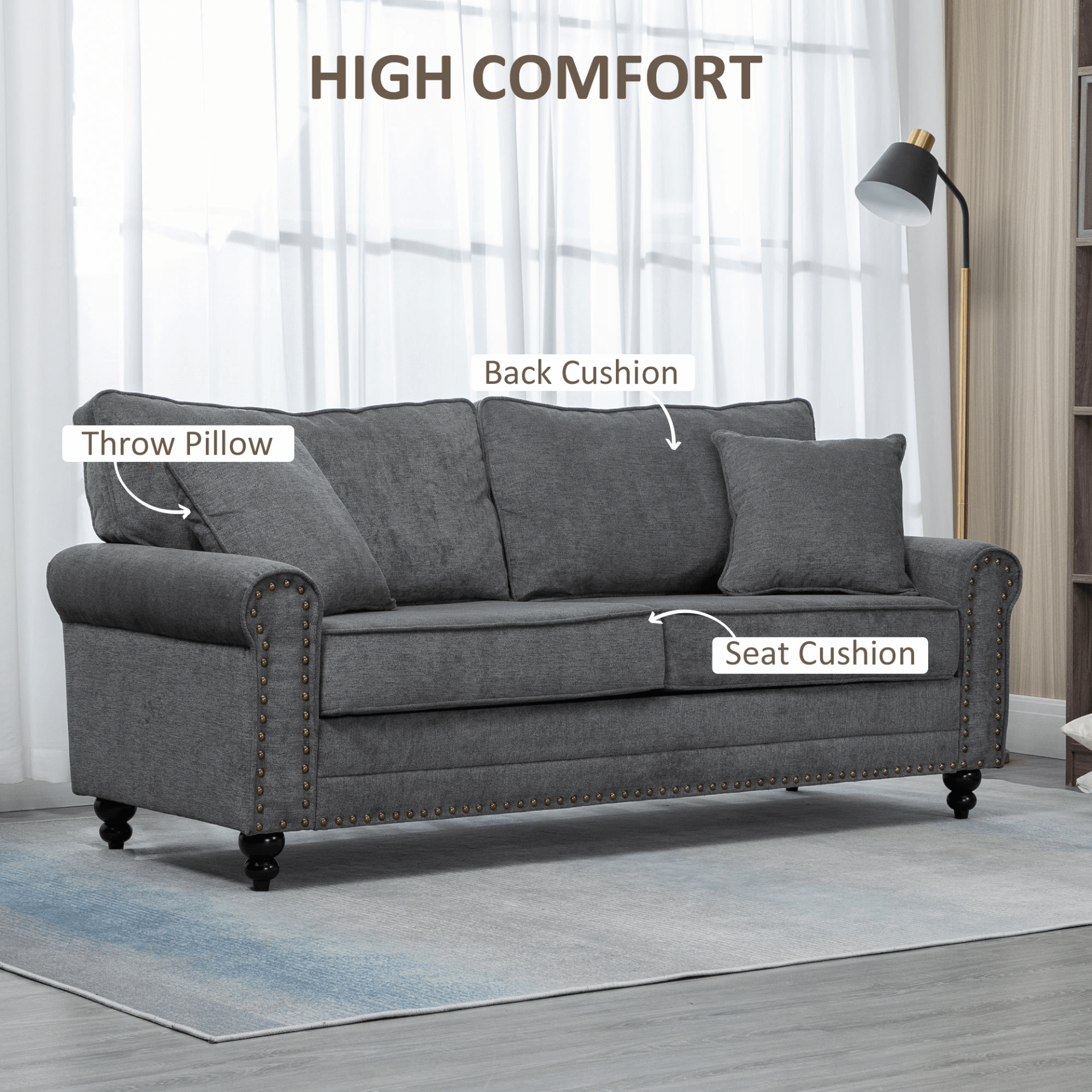 Grey 2 Seater Sofa | Elegant Loveseat for Living Room, Upgrade your home with this stylish grey 2 seater sofa, featuring nailhead trim and cushions. Perfect for small spaces.