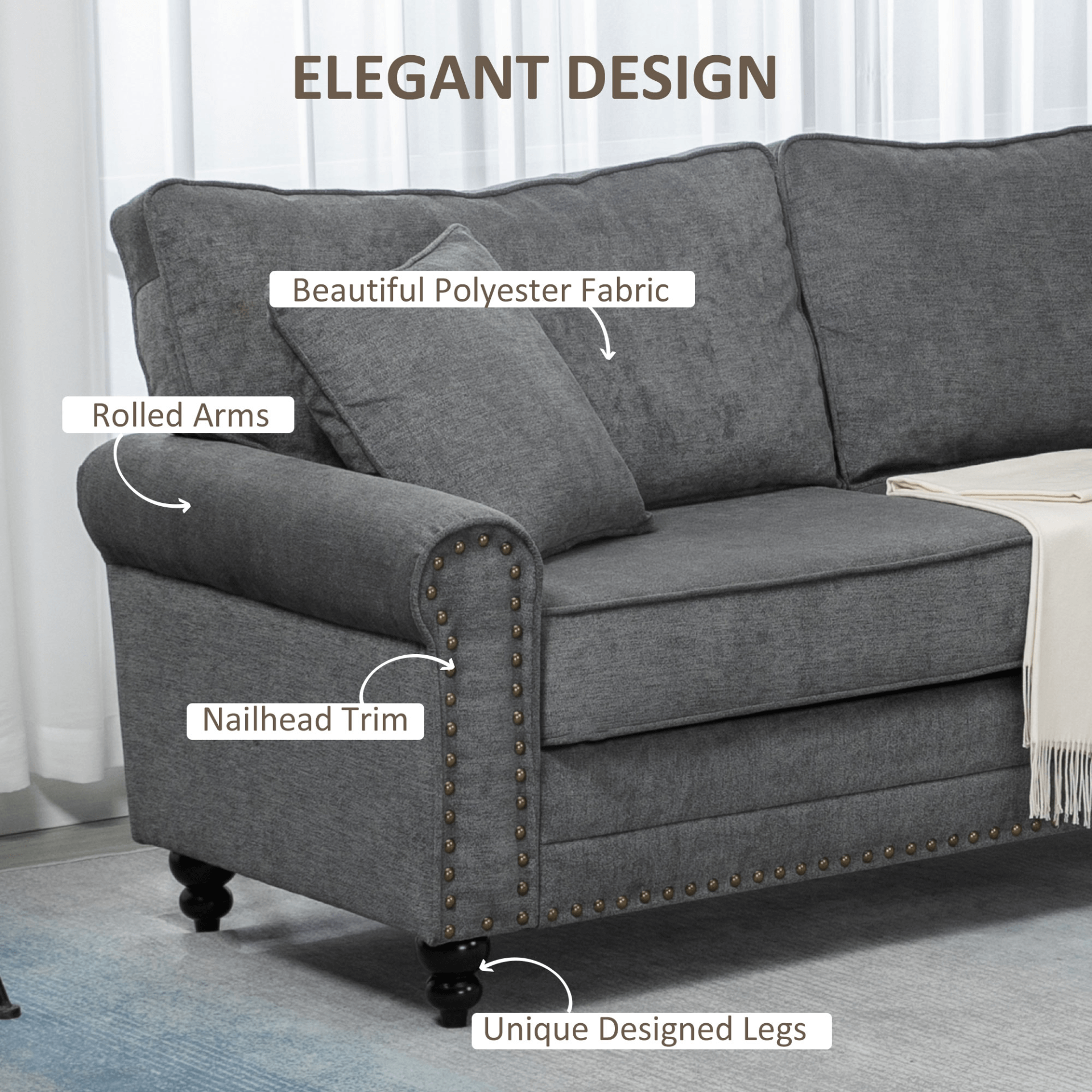 Grey 2 Seater Sofa | Elegant Loveseat for Living Room, Upgrade your home with this stylish grey 2 seater sofa, featuring nailhead trim and cushions. Perfect for small spaces.