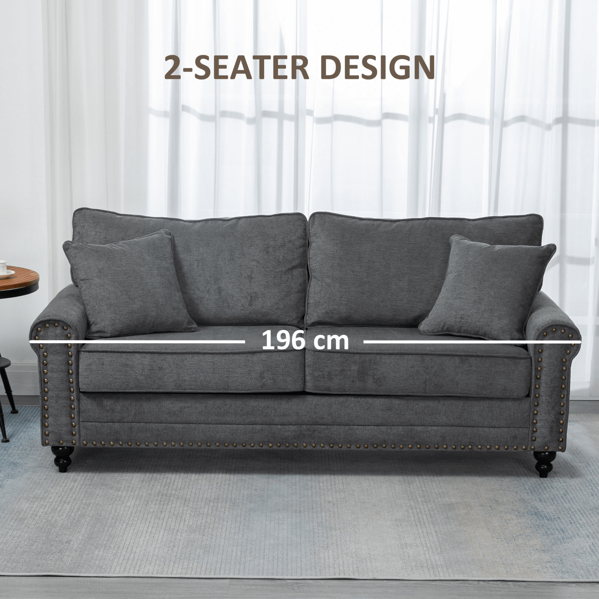 Grey 2 Seater Sofa | Elegant Loveseat for Living Room, Upgrade your home with this stylish grey 2 seater sofa, featuring nailhead trim and cushions. Perfect for small spaces.