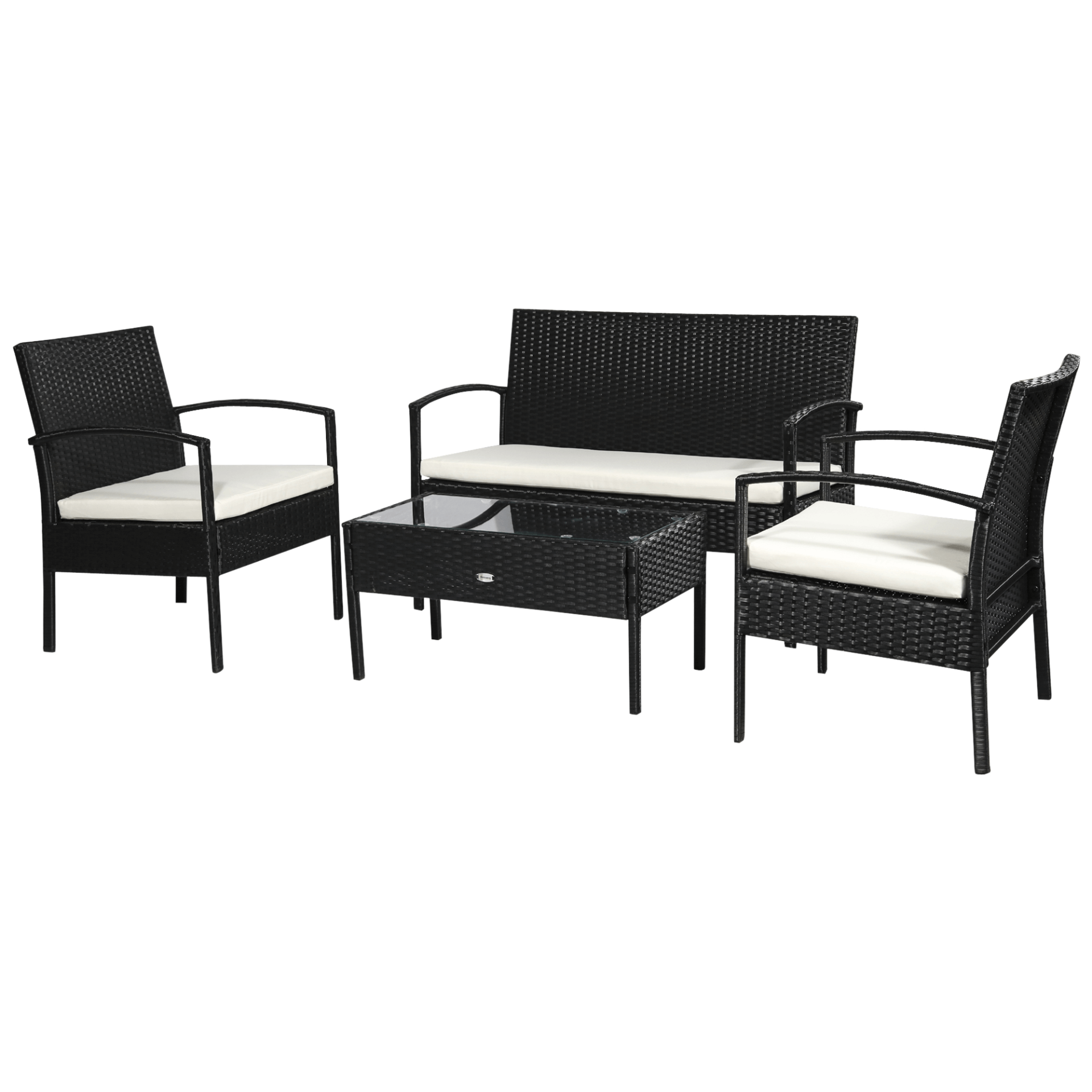 Rattan Garden Furniture 4 PCs Sofa Set Outdoor, Upgrade your patio with our Outsunny 4-piece sofa set. Durable and stylish, featuring a loveseat, 2 armchairs, and a coffee table. Perfect for outdoor relaxing!