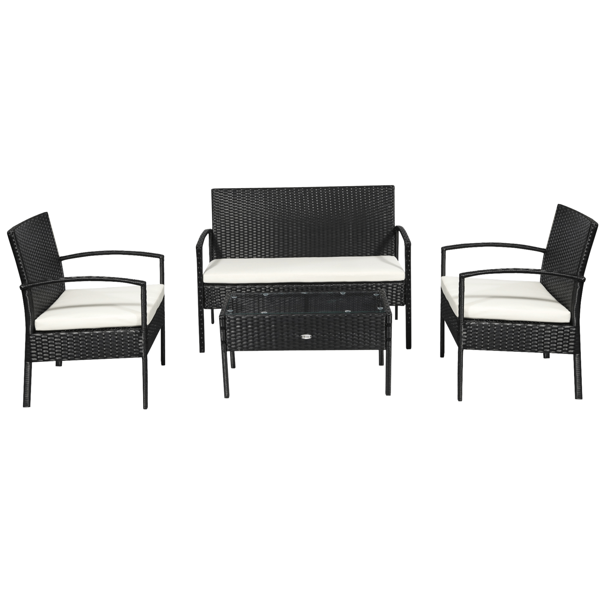 Rattan Garden Furniture 4 PCs Sofa Set Outdoor, Upgrade your patio with our Outsunny 4-piece sofa set. Durable and stylish, featuring a loveseat, 2 armchairs, and a coffee table. Perfect for outdoor relaxing!