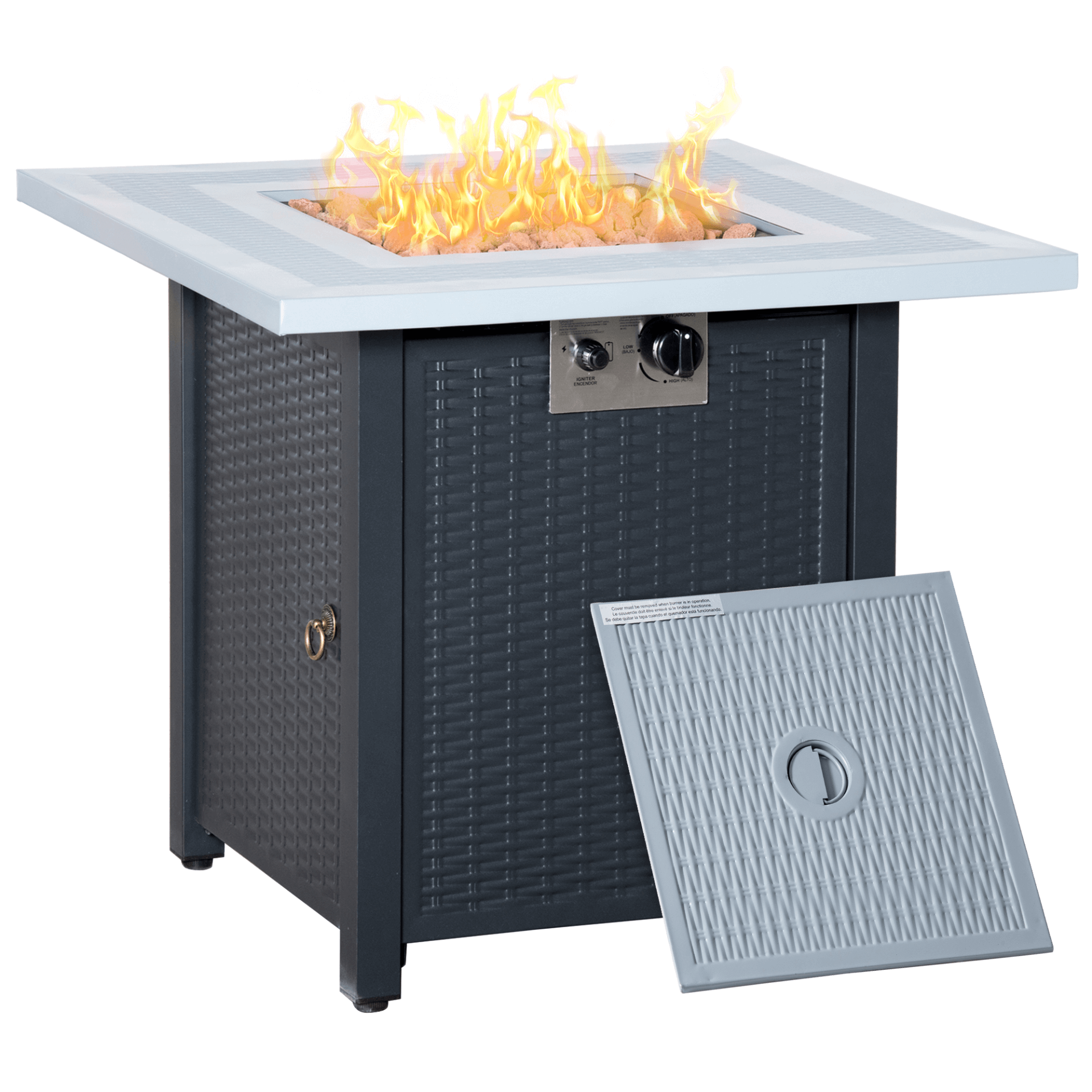 Outsunny Square Propane Gas Fire Pit Table - 40,000 BTU, Elevate outdoor gatherings with the stylish Outsunny fire pit table, featuring smokeless design and dual functionality as a dining table.