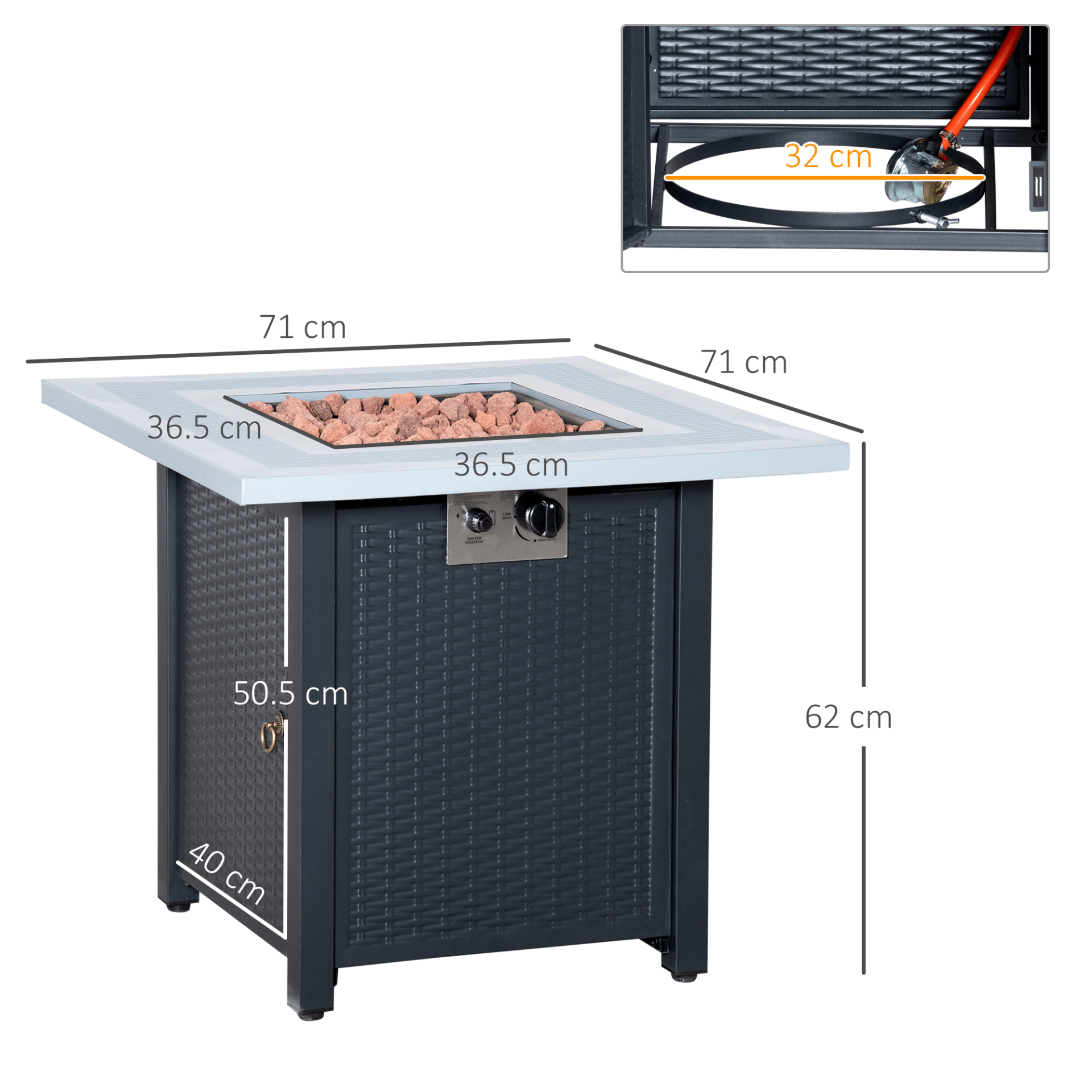 Outsunny Square Propane Gas Fire Pit Table - 40,000 BTU, Elevate outdoor gatherings with the stylish Outsunny fire pit table, featuring smokeless design and dual functionality as a dining table.