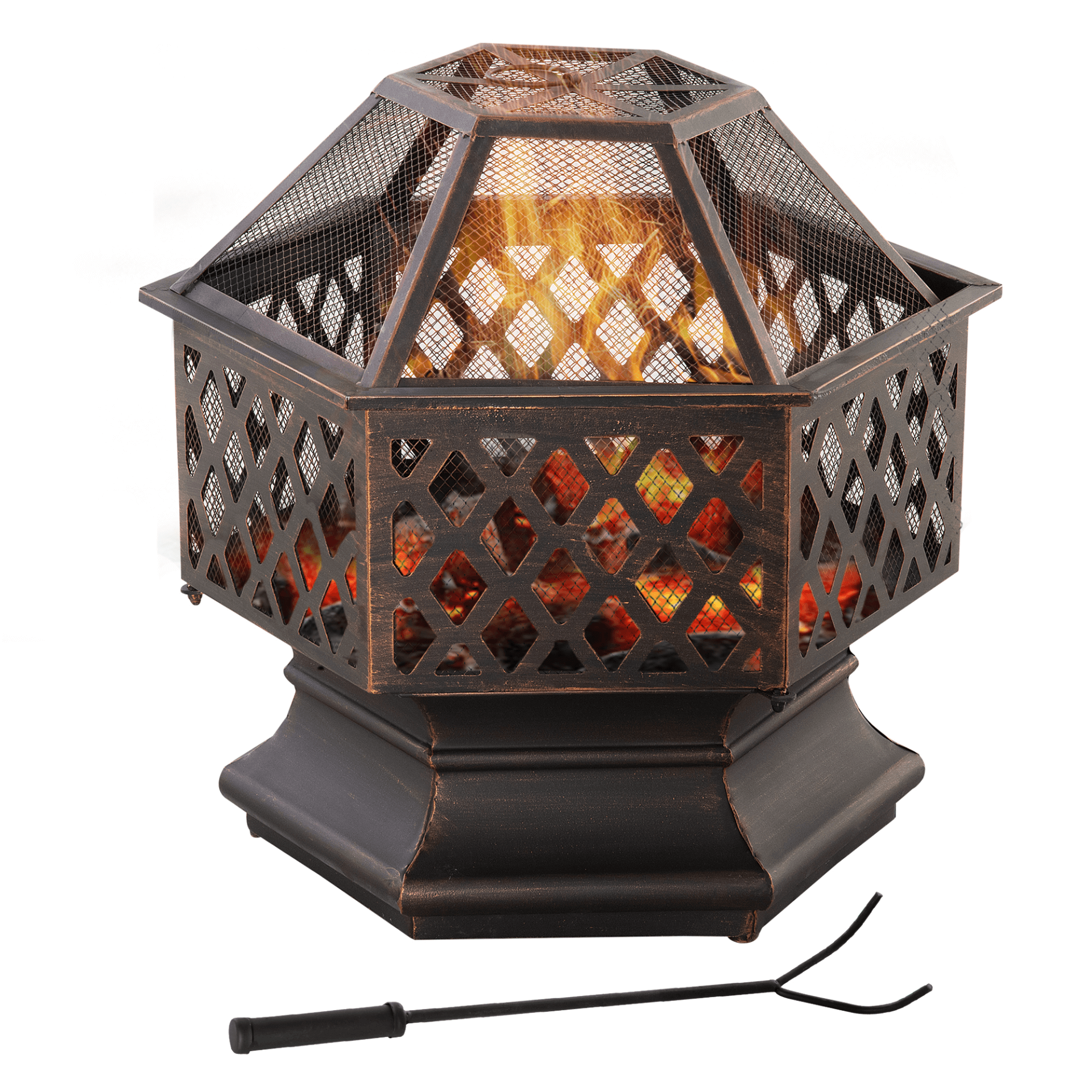 Outsunny Bronze Hexagonal Outdoor Fire Pit - Portable Warmth, Enjoy cozy evenings with the Outsunny Fire Pit. Unique hexagonal design, screen cover, and poker for a perfect outdoor ambiance.