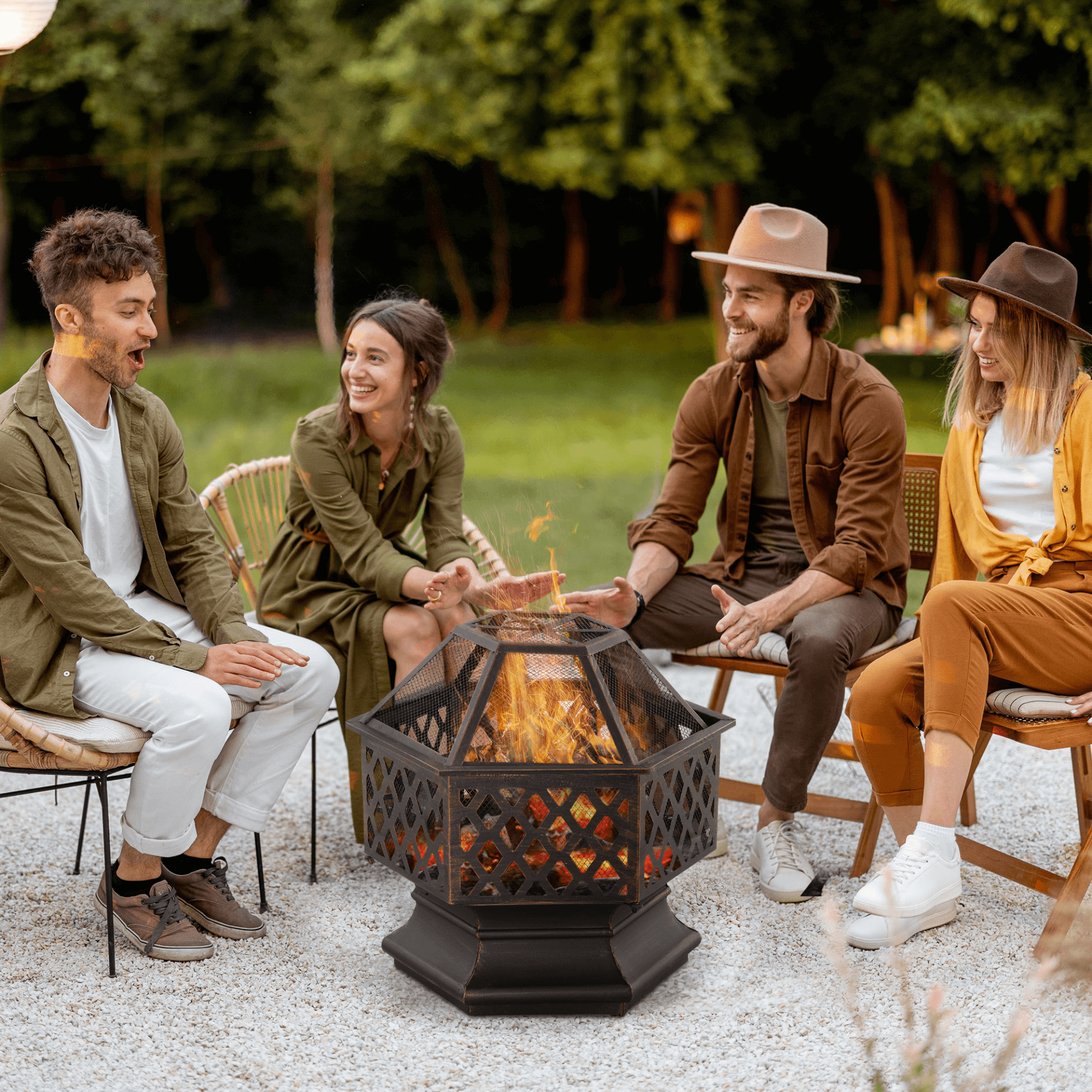 Outsunny Bronze Hexagonal Outdoor Fire Pit - Portable Warmth, Enjoy cozy evenings with the Outsunny Fire Pit. Unique hexagonal design, screen cover, and poker for a perfect outdoor ambiance.