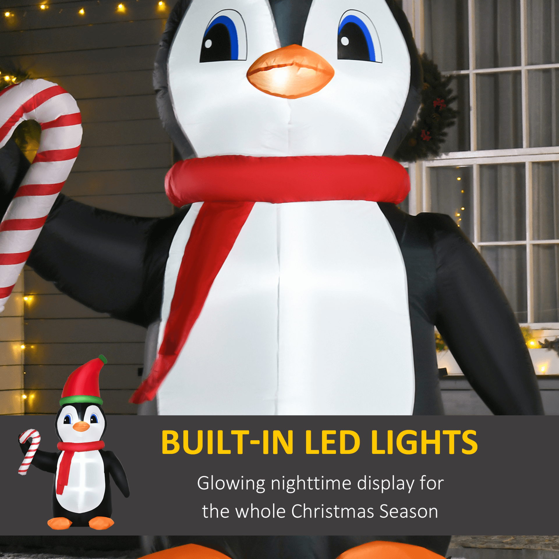 8ft Inflatable Christmas Penguin with LED Lights, Transform your yard into a festive wonderland with this 8ft Inflatable Christmas Penguin holding a candy cane. Perfect for holiday cheer!