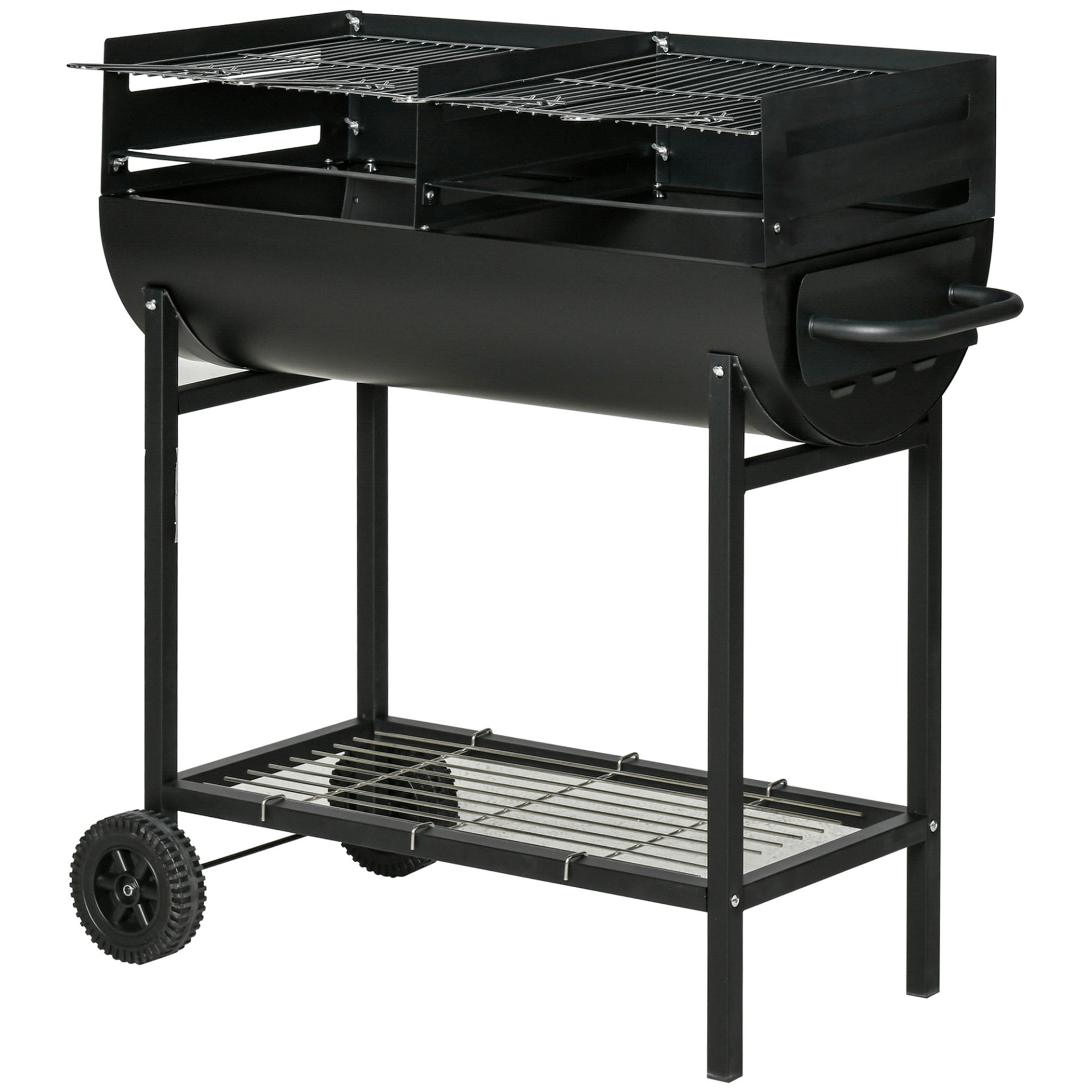 Trolley Charcoal BBQ Grill - Patio Garden Smoker with Wheels, Outdoor grilling with our versatile Trolley Charcoal BBQ Grill featuring adjustable heights, dual cooking areas, and easy portability for any backyard gathering