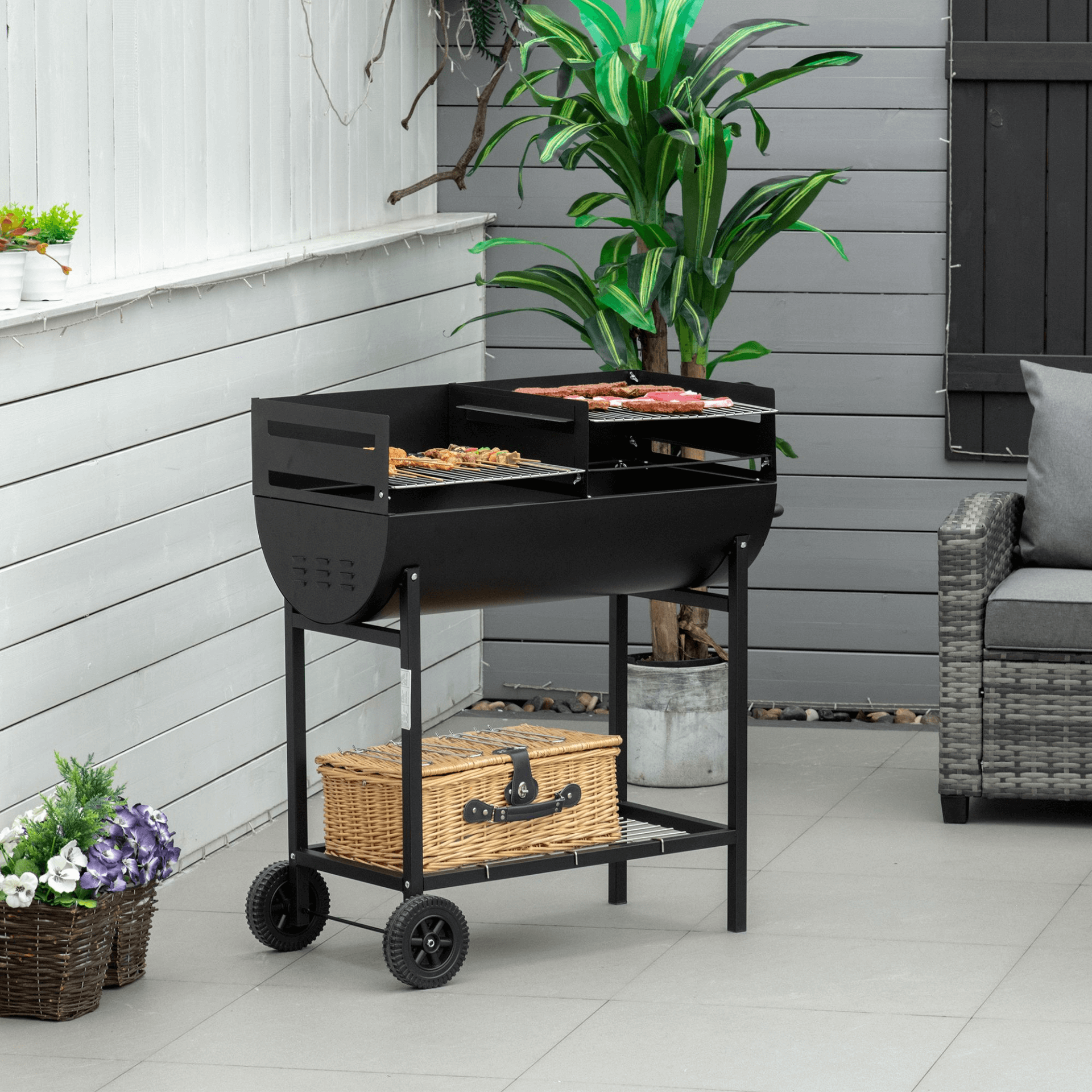 Trolley Charcoal BBQ Grill - Patio Garden Smoker with Wheels, Outdoor grilling with our versatile Trolley Charcoal BBQ Grill featuring adjustable heights, dual cooking areas, and easy portability for any backyard gathering