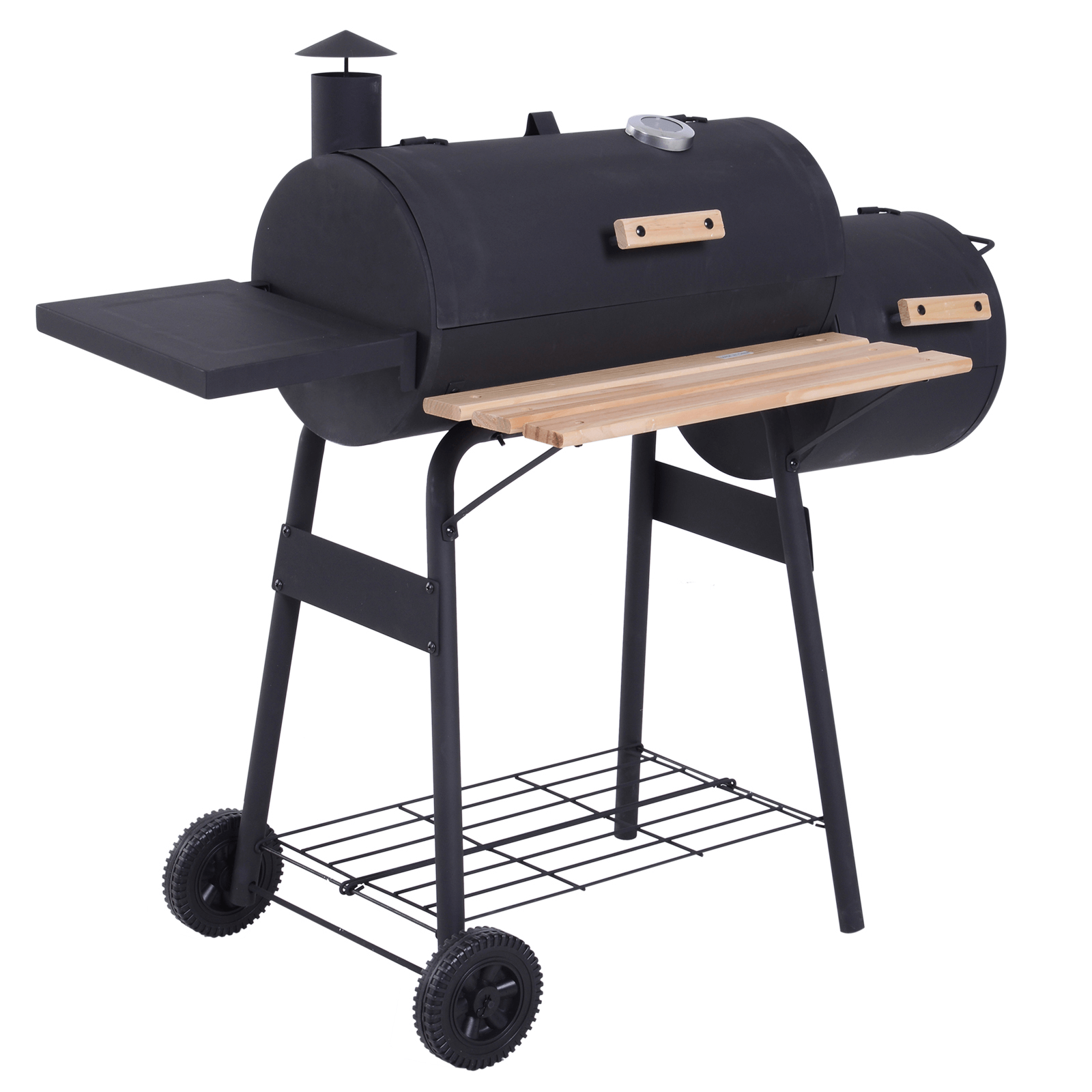 Trolley Charcoal BBQ Barrel Grill | Smoker & Heat Control, Upgrade your patio cooking with the versatile Trolley Charcoal BBQ Barrel Grill. Features offset smoker, BBQ, and charcoal grill in one. Perfect for large meals