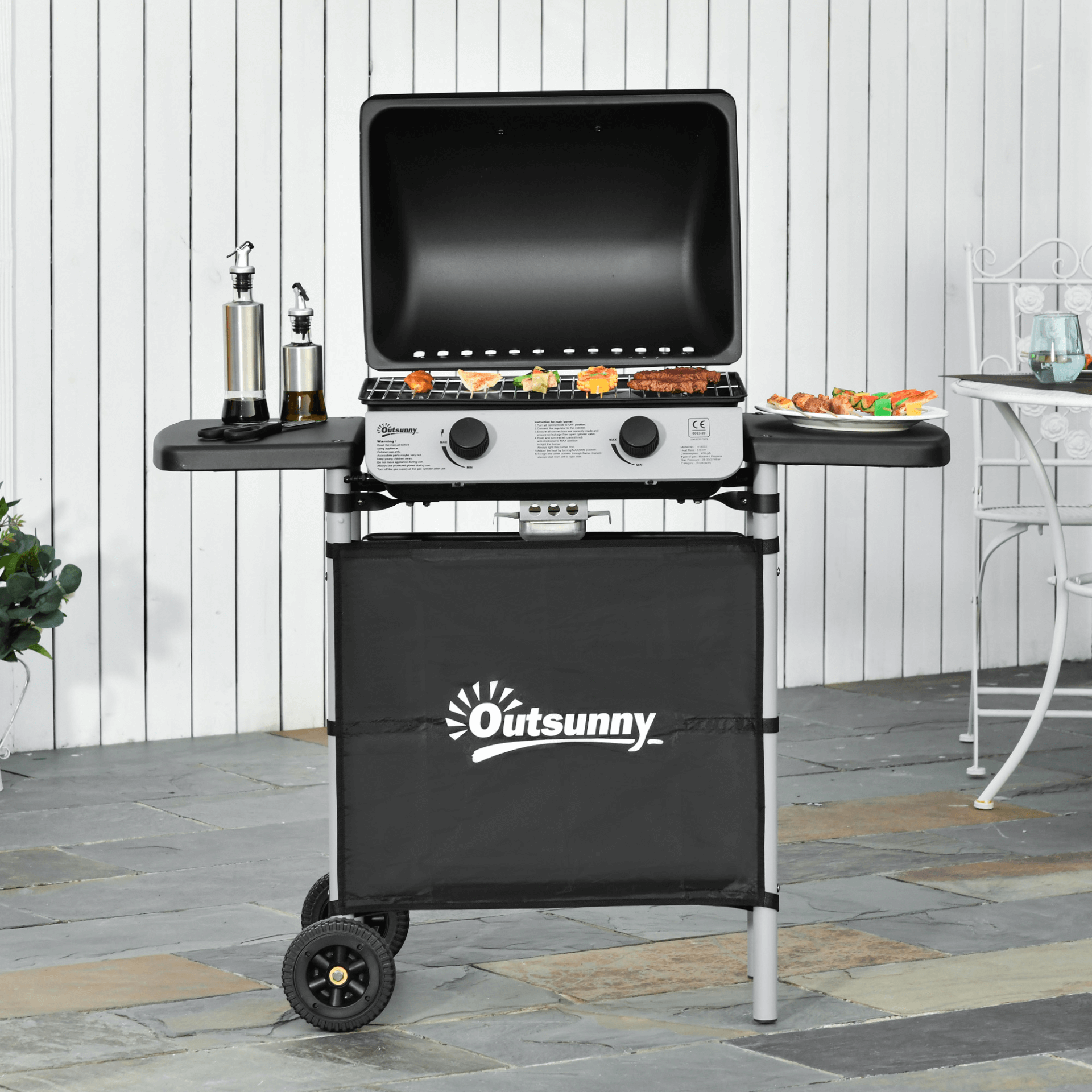 2 Burner Gas Barbecue Grill 5.6kW with Side Shelves, Enhance your outdoor cooking with our 2 Burner Gas Barbecue Grill - powerful 5.6kW output, side shelves & wheels for convenience. Perfect for family gatherings!