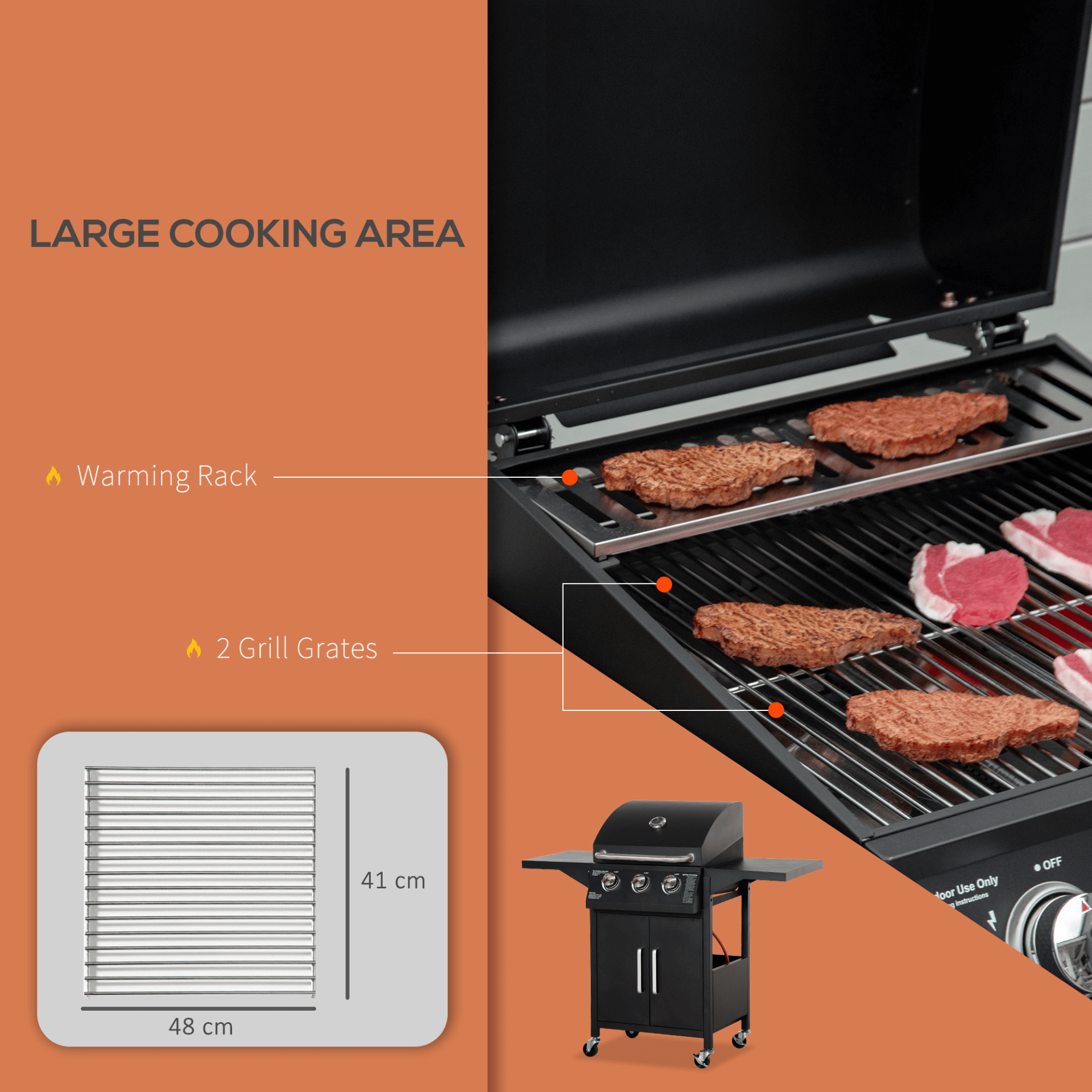 3 Burner Gas BBQ Grill | Portable Barbecue - Durable Black, Cook for large groups with the 3 Burner Gas BBQ Grill. Features warming rack, side shelves, storage cabinet & thermometer. Perfect for gatherings.