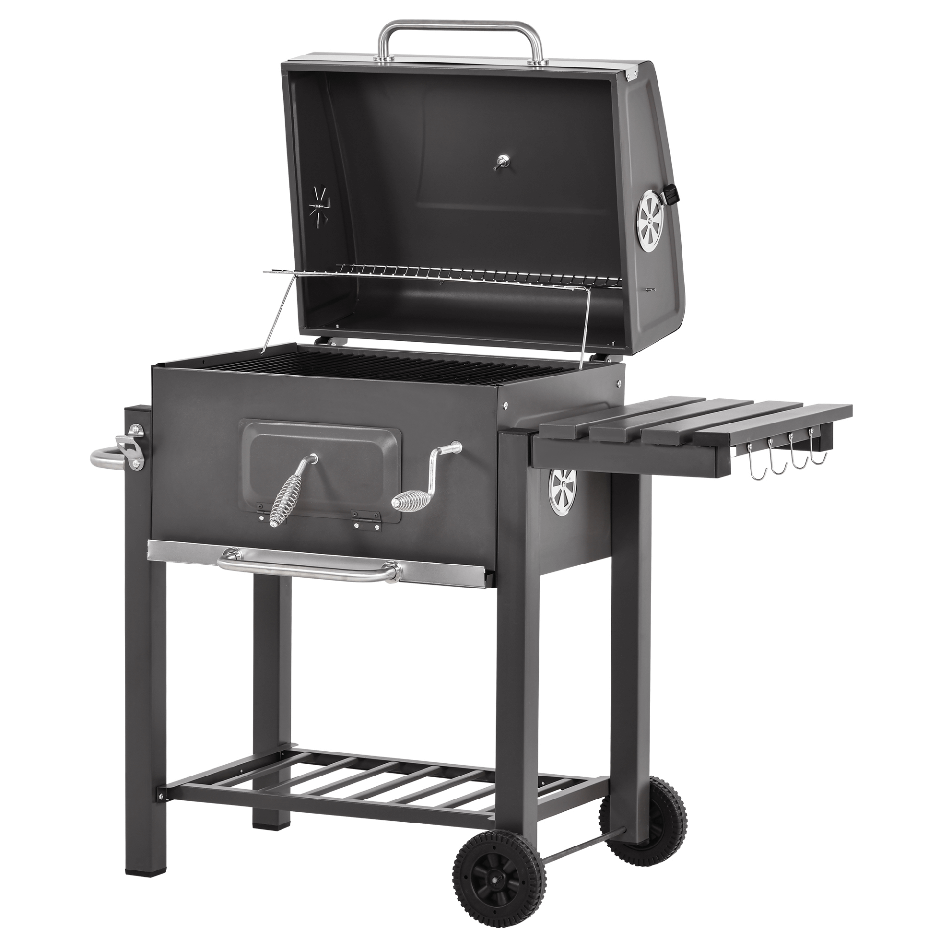 Charcoal Grill BBQ Trolley w/ Side Table & Thermometer, Elevate your backyard barbecues with our versatile Charcoal Grill BBQ Trolley. Features wheels, built-in thermometer, and convenient temperature control.