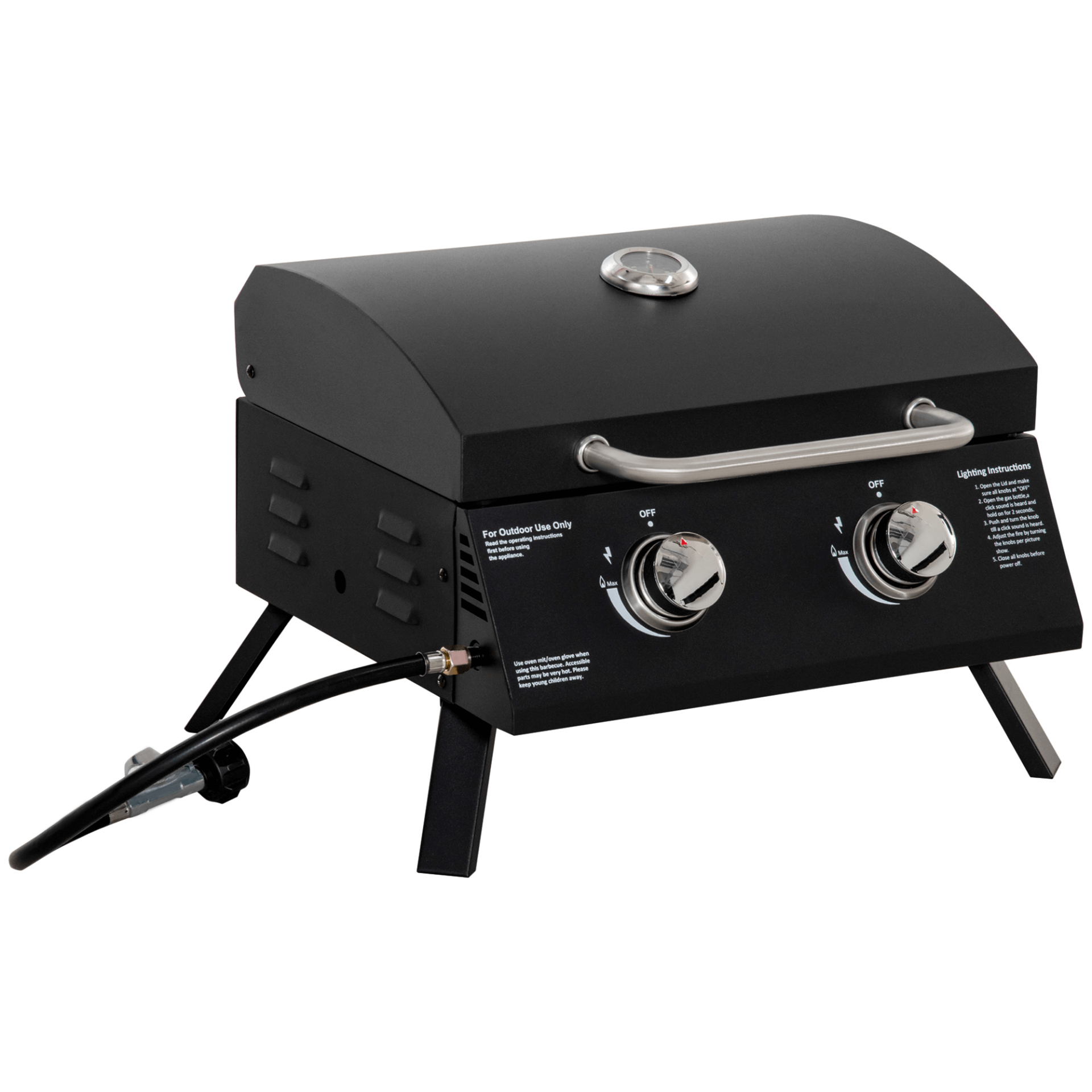 2 Burner Gas BBQ Grill - Portable & Durable, Burner Gas BBQ Grill. Portable, folding, and made of carbon steel, it’s perfect for outdoor cooking with easy control and a built-in thermometer.