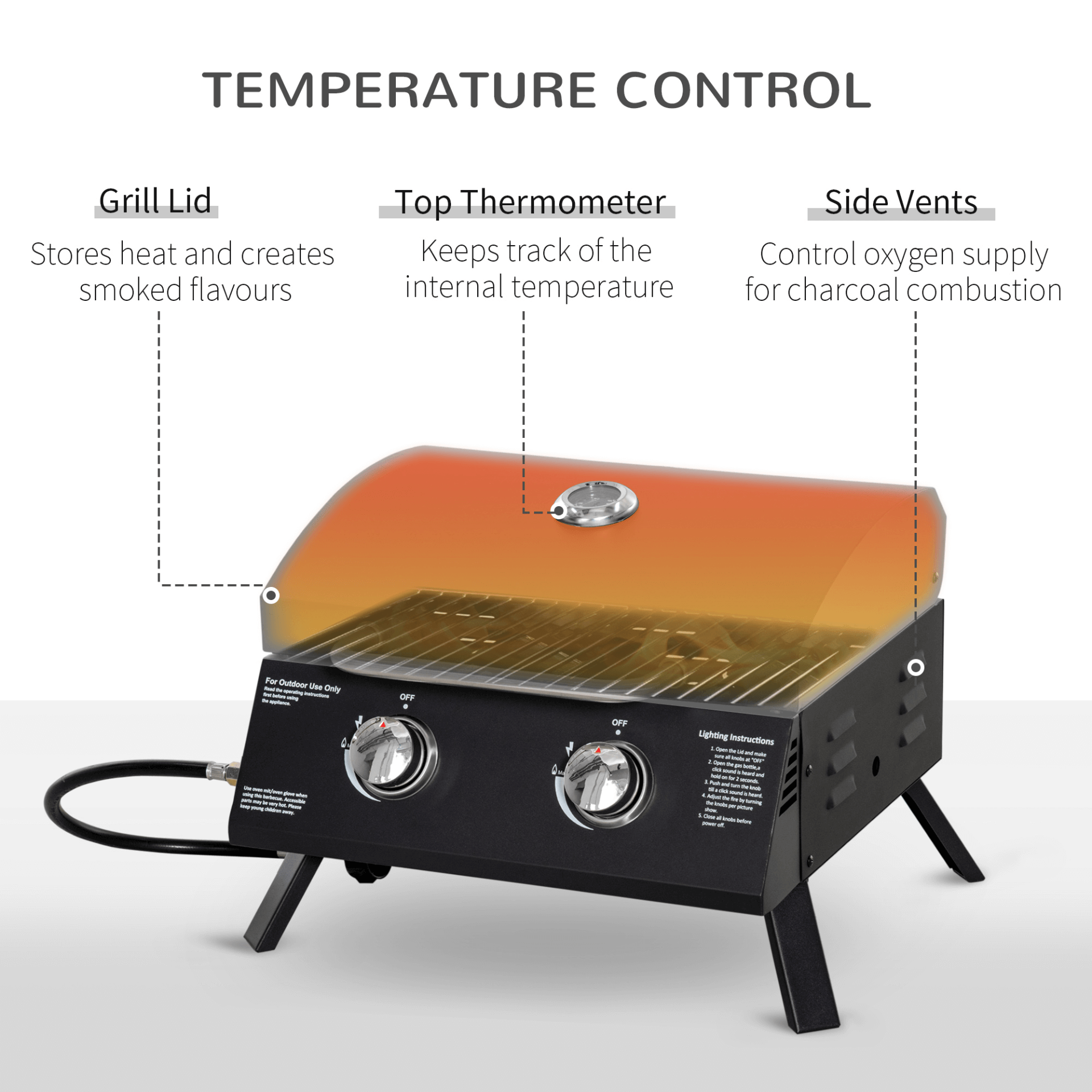 2 Burner Gas BBQ Grill - Portable & Durable, Burner Gas BBQ Grill. Portable, folding, and made of carbon steel, it’s perfect for outdoor cooking with easy control and a built-in thermometer.