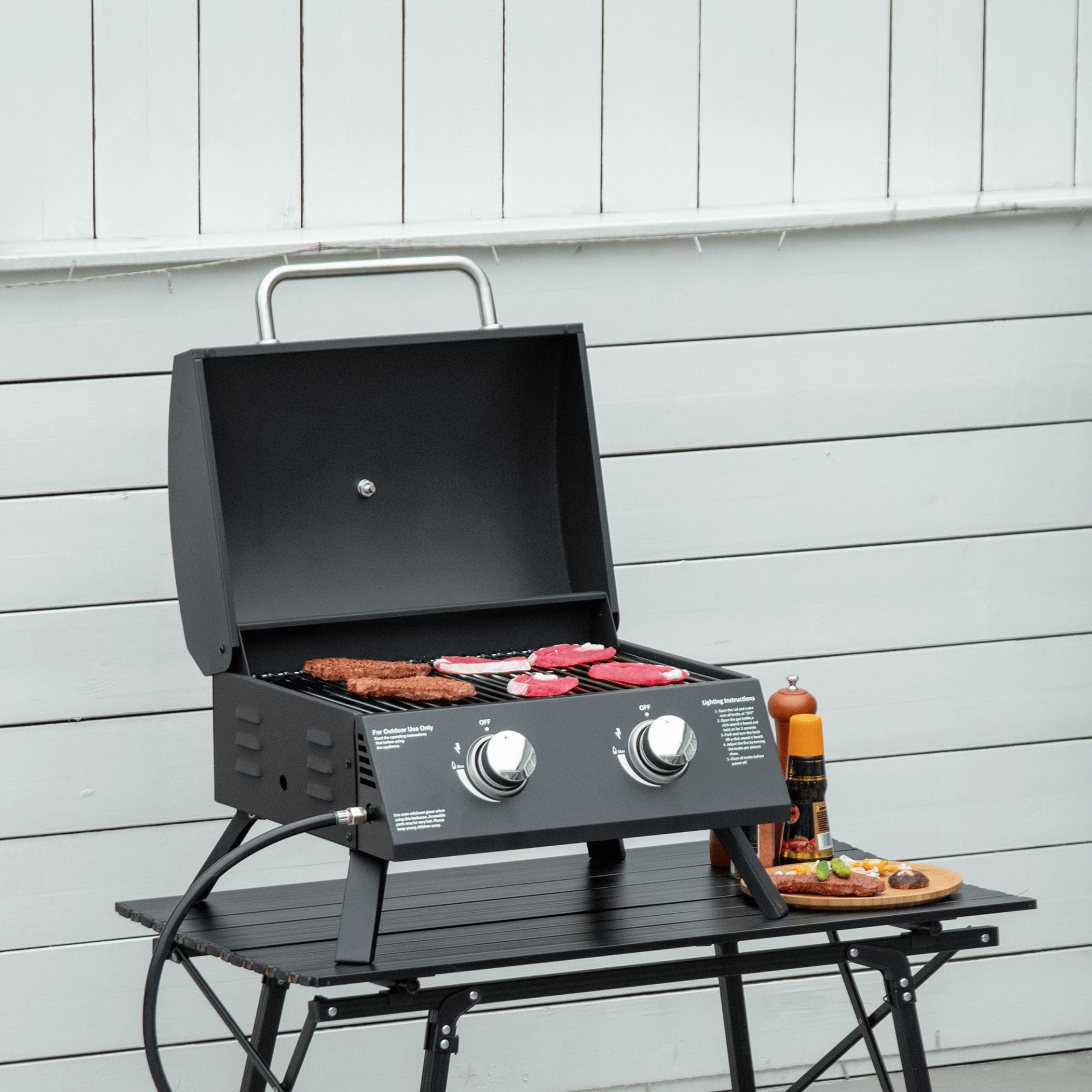 2 Burner Gas BBQ Grill - Portable & Durable, Burner Gas BBQ Grill. Portable, folding, and made of carbon steel, it’s perfect for outdoor cooking with easy control and a built-in thermometer.