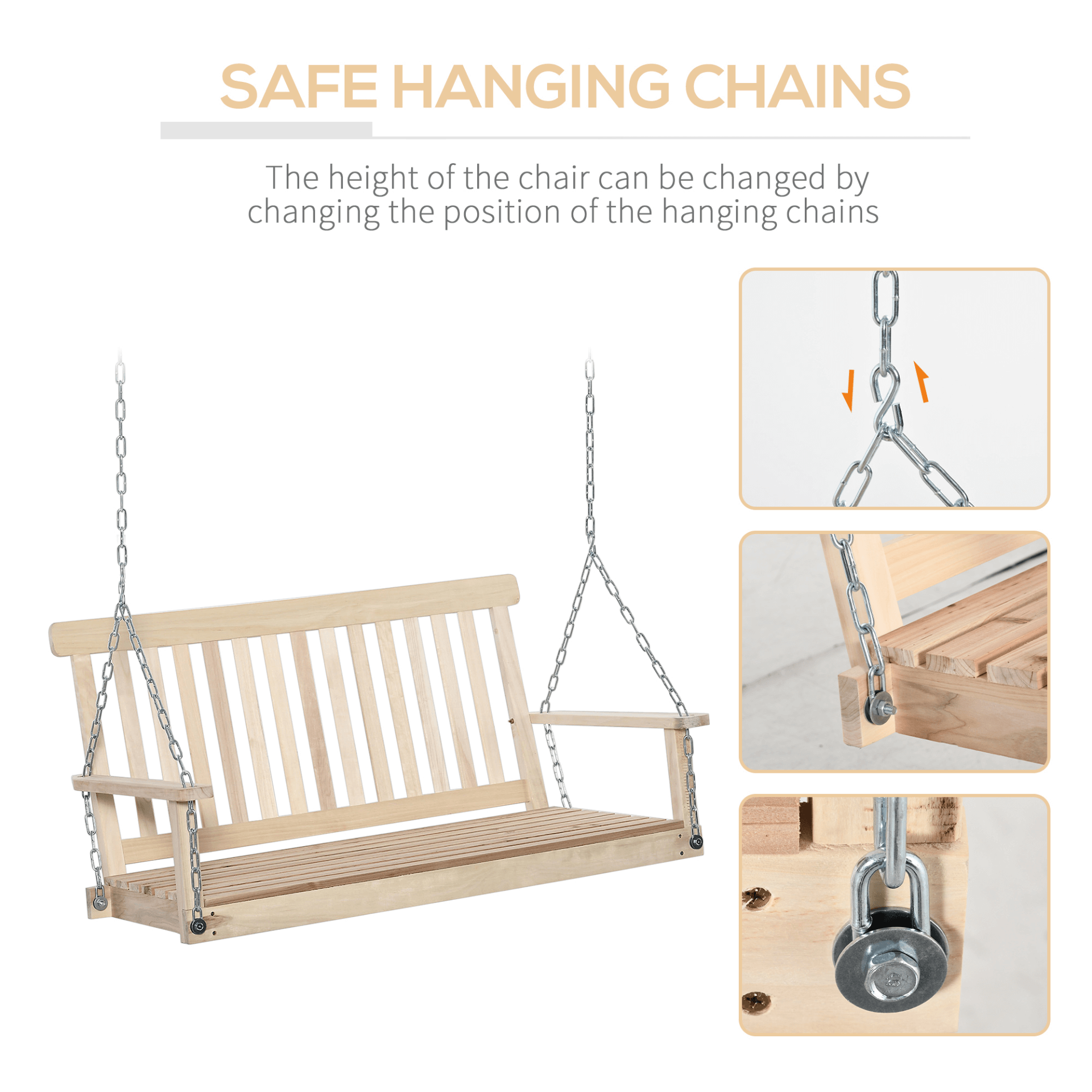 2-Seater Wooden Swing Bench - Natural Garden Swing, Enjoy this stylish and durable 2-seater wooden swing bench. Perfect for gardens, with galvanized steel attachments for easy hanging.