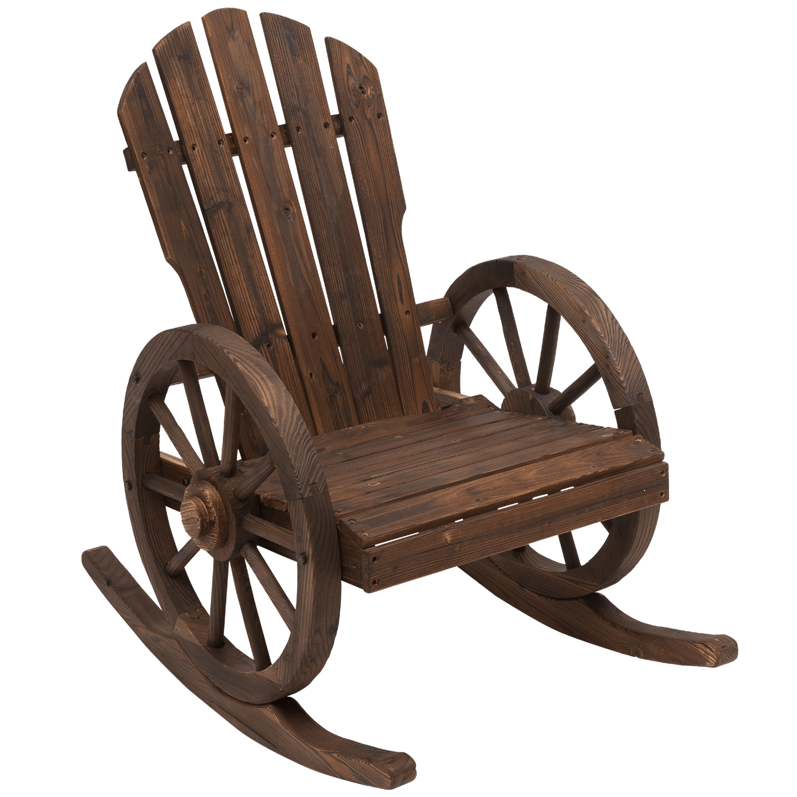 Adirondack Rocking Chair - Outdoor Garden Armchair, Discover comfort with the Wooden Adirondack Rocking Chair. Durable fir wood, carbonized finish, and a curved base for smooth rocking. Perfect for any patio.