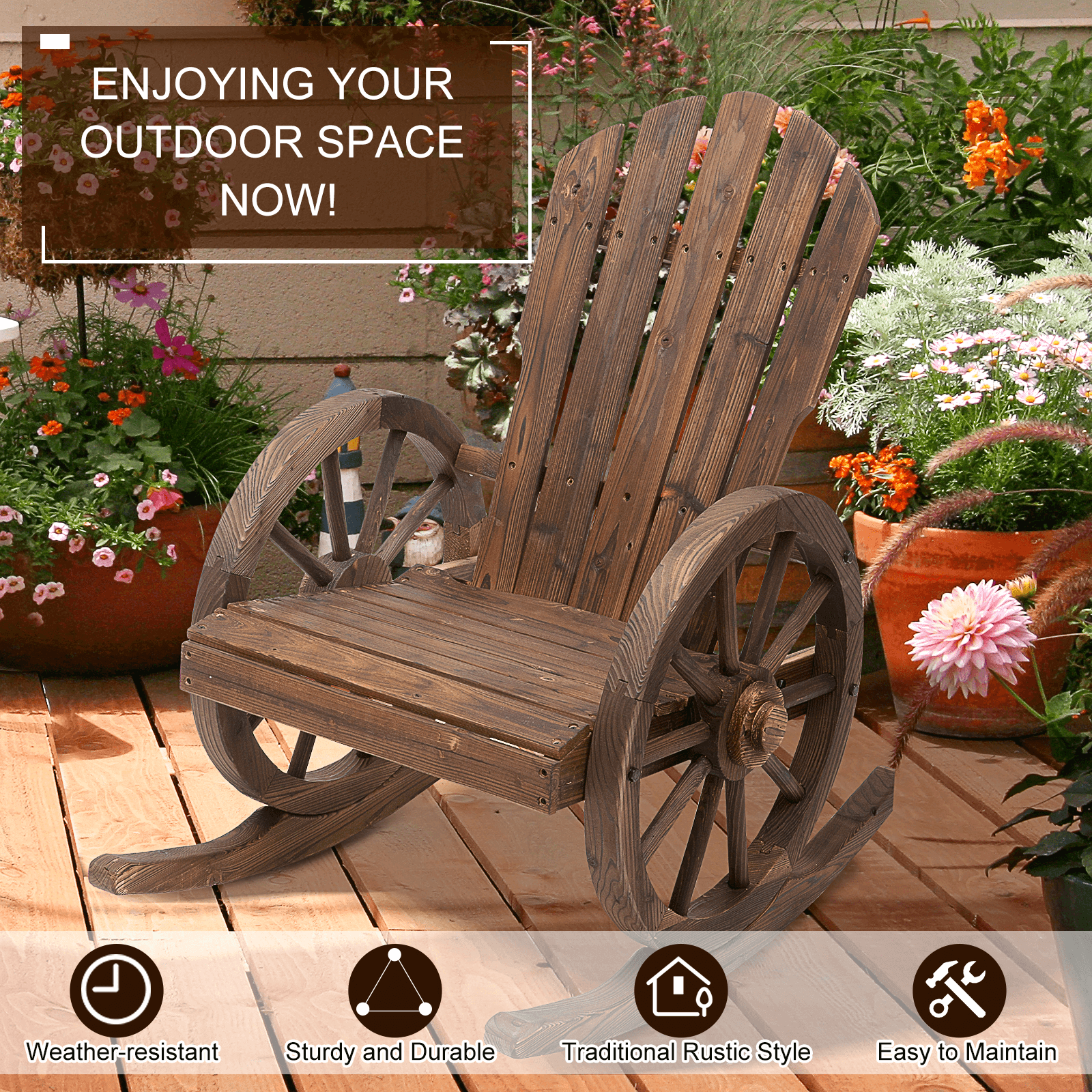 Adirondack Rocking Chair - Outdoor Garden Armchair, Discover comfort with the Wooden Adirondack Rocking Chair. Durable fir wood, carbonized finish, and a curved base for smooth rocking. Perfect for any patio.