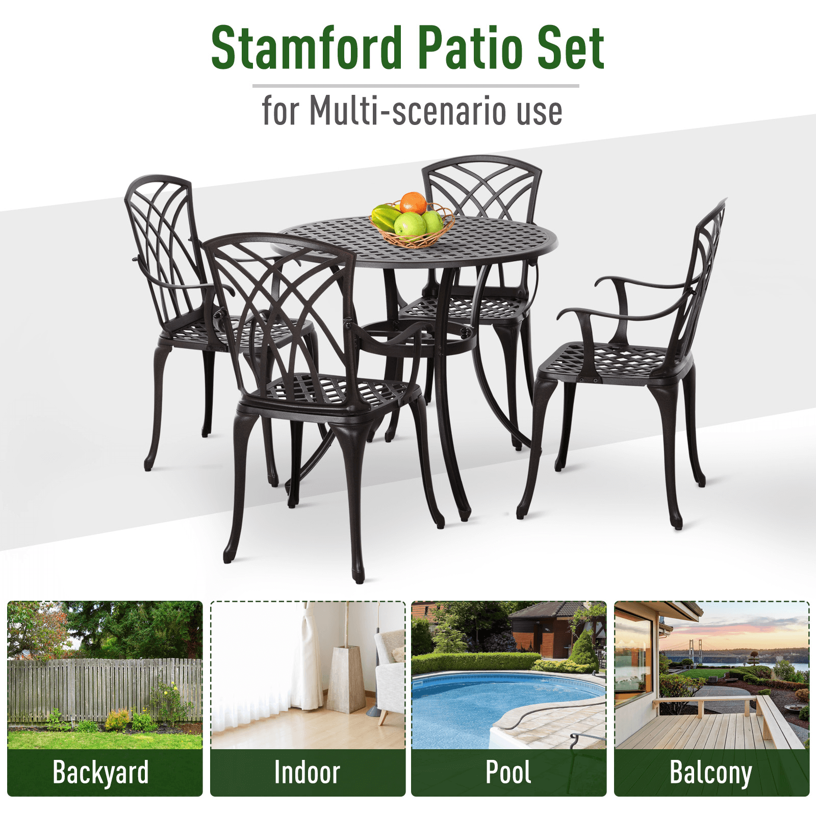 Patio Cast Aluminium 5 PCS Dining Set - Elegant & Durable, Elevate your outdoor space with our Patio Cast Aluminium 5 PCS Dining Set. Rust-resistant, weatherproof, and beautifully crafted for patios, and gardens.