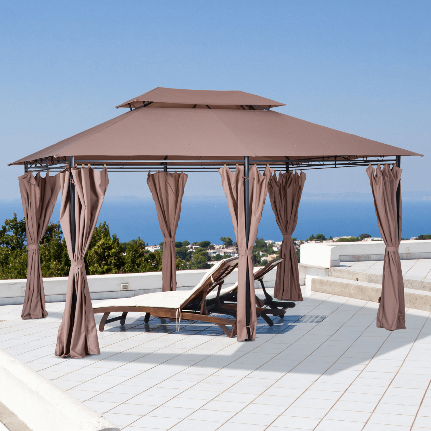 4m x 3m Metal Gazebo Canopy Party Tent with Curtains, Enhance outdoor gatherings with our 4m x 3m weather-resistant metal gazebo. Includes sturdy frame, curtains, and khaki canopy for ultimate comfort and style.