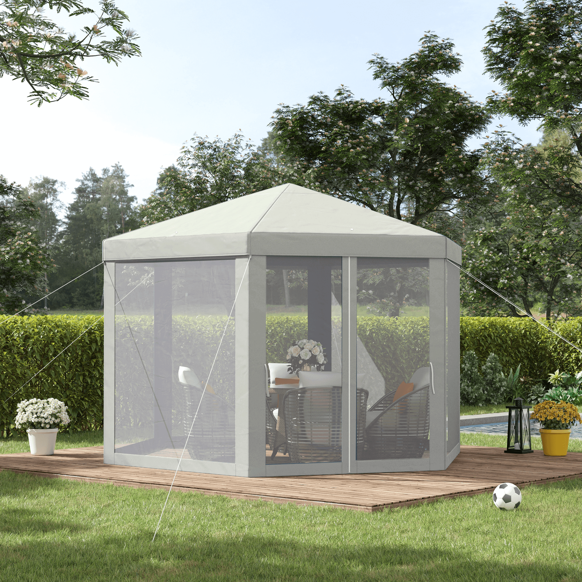 4M Hexagon Netting Gazebo Tent - Creamy White, Spacious creamy white patio canopy with mesh walls. Ideal for outdoor parties, featuring a hexagon shape and protective roof for sun protection.