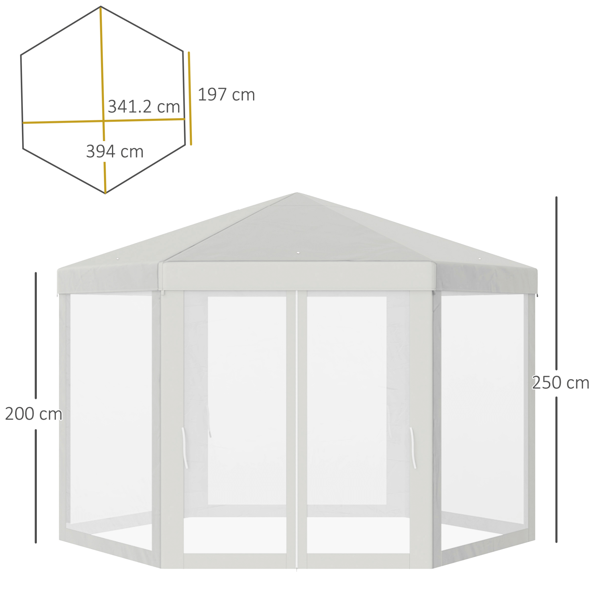 4M Hexagon Netting Gazebo Tent - Creamy White, Spacious creamy white patio canopy with mesh walls. Ideal for outdoor parties, featuring a hexagon shape and protective roof for sun protection.