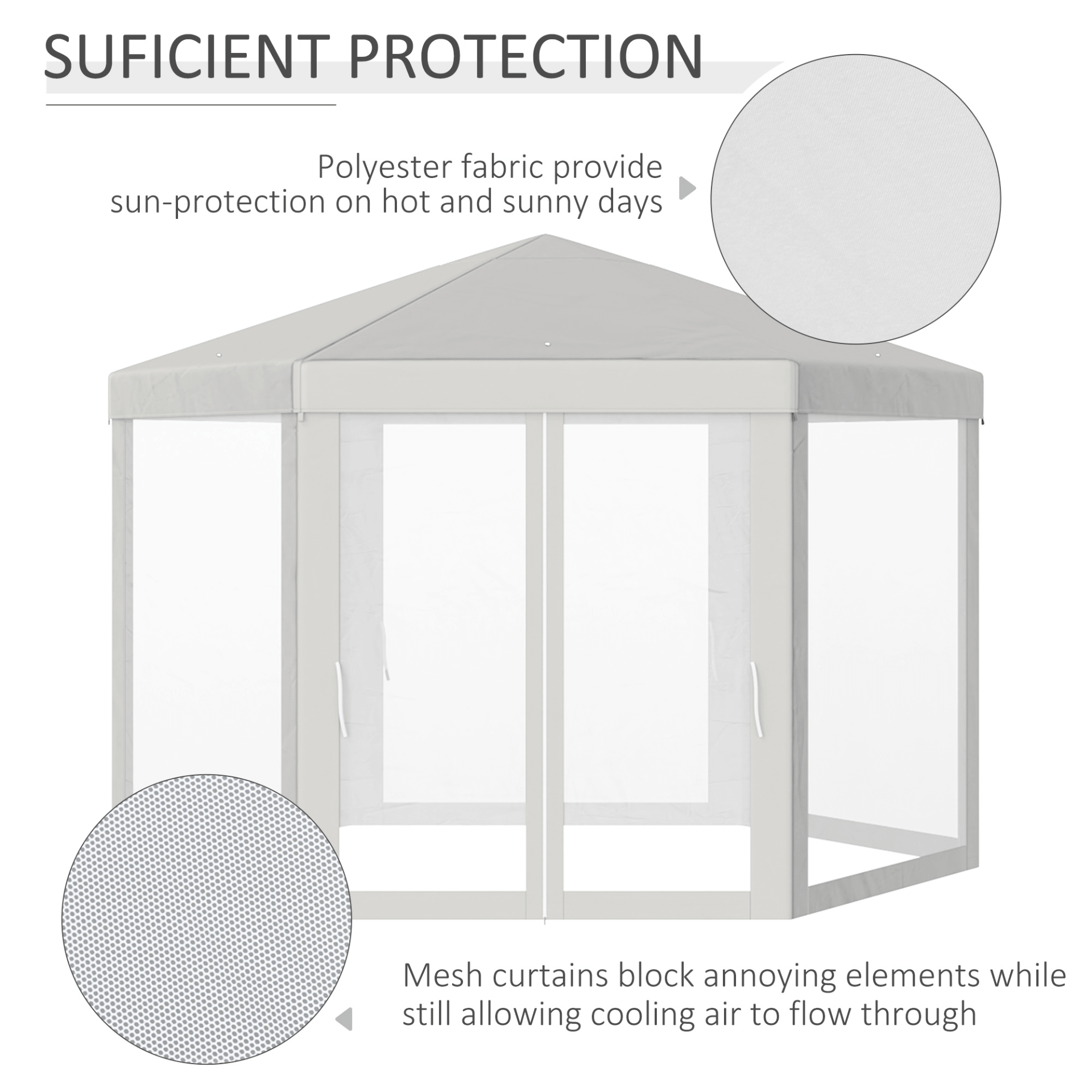 4M Hexagon Netting Gazebo Tent - Creamy White, Spacious creamy white patio canopy with mesh walls. Ideal for outdoor parties, featuring a hexagon shape and protective roof for sun protection.