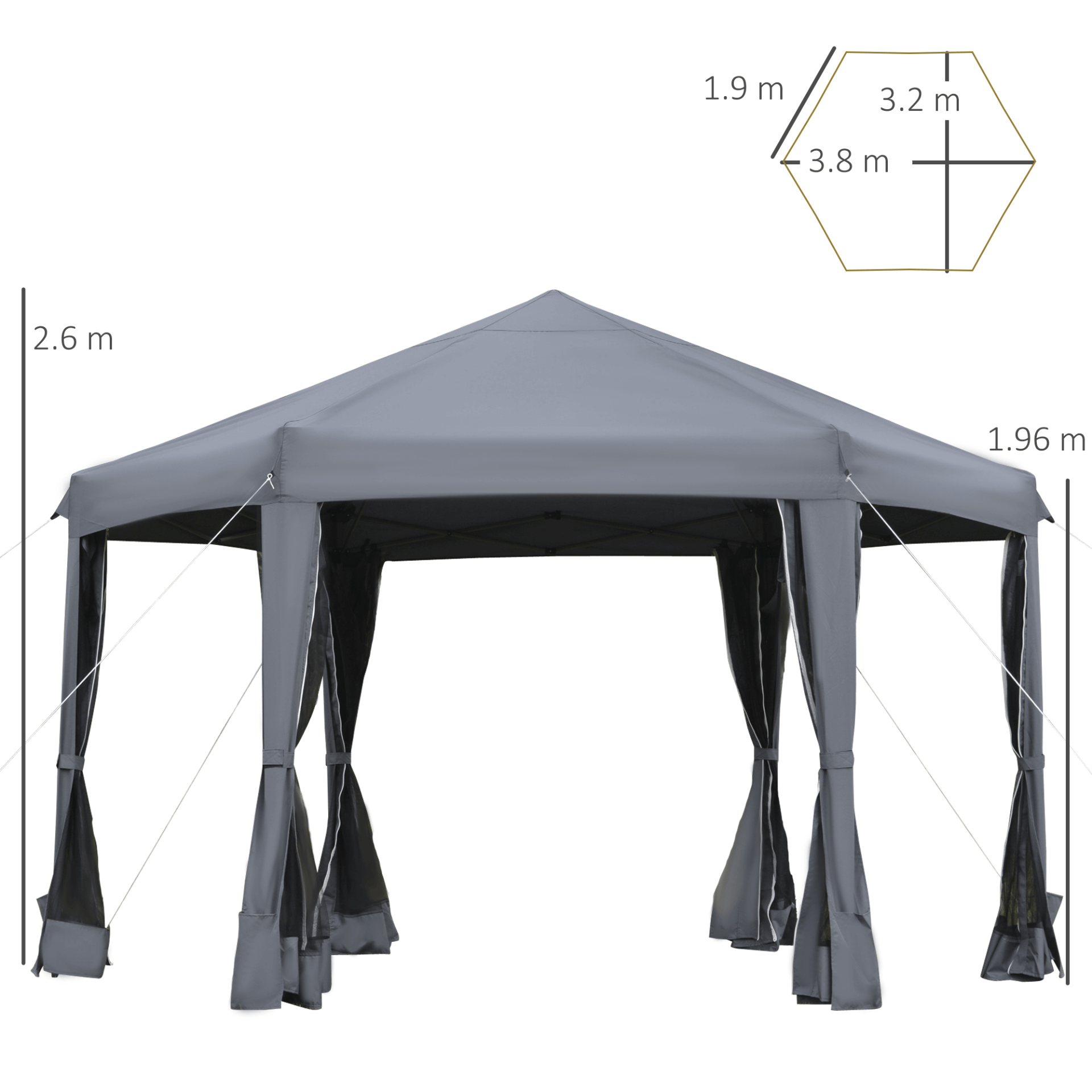 3.2m Pop Up Gazebo - Canopy Tent & Portable Carry Bag - Grey, Elevate outdoor events with our 3.2m pop up gazebo. Features a hexagonal design, mesh sidewalls, and UV protection, perfect for any outdoor activity.