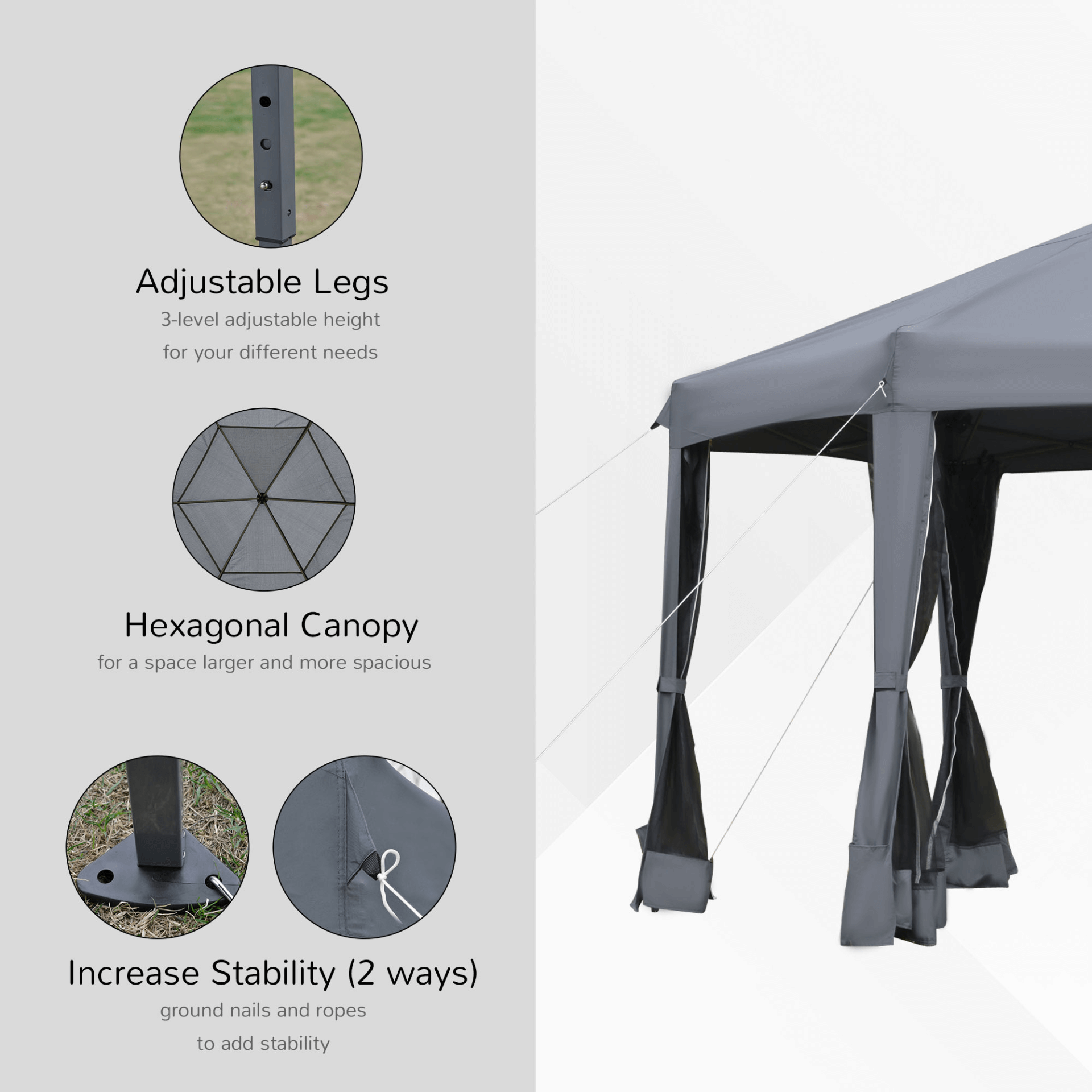 3.2m Pop Up Gazebo - Canopy Tent & Portable Carry Bag - Grey, Elevate outdoor events with our 3.2m pop up gazebo. Features a hexagonal design, mesh sidewalls, and UV protection, perfect for any outdoor activity.