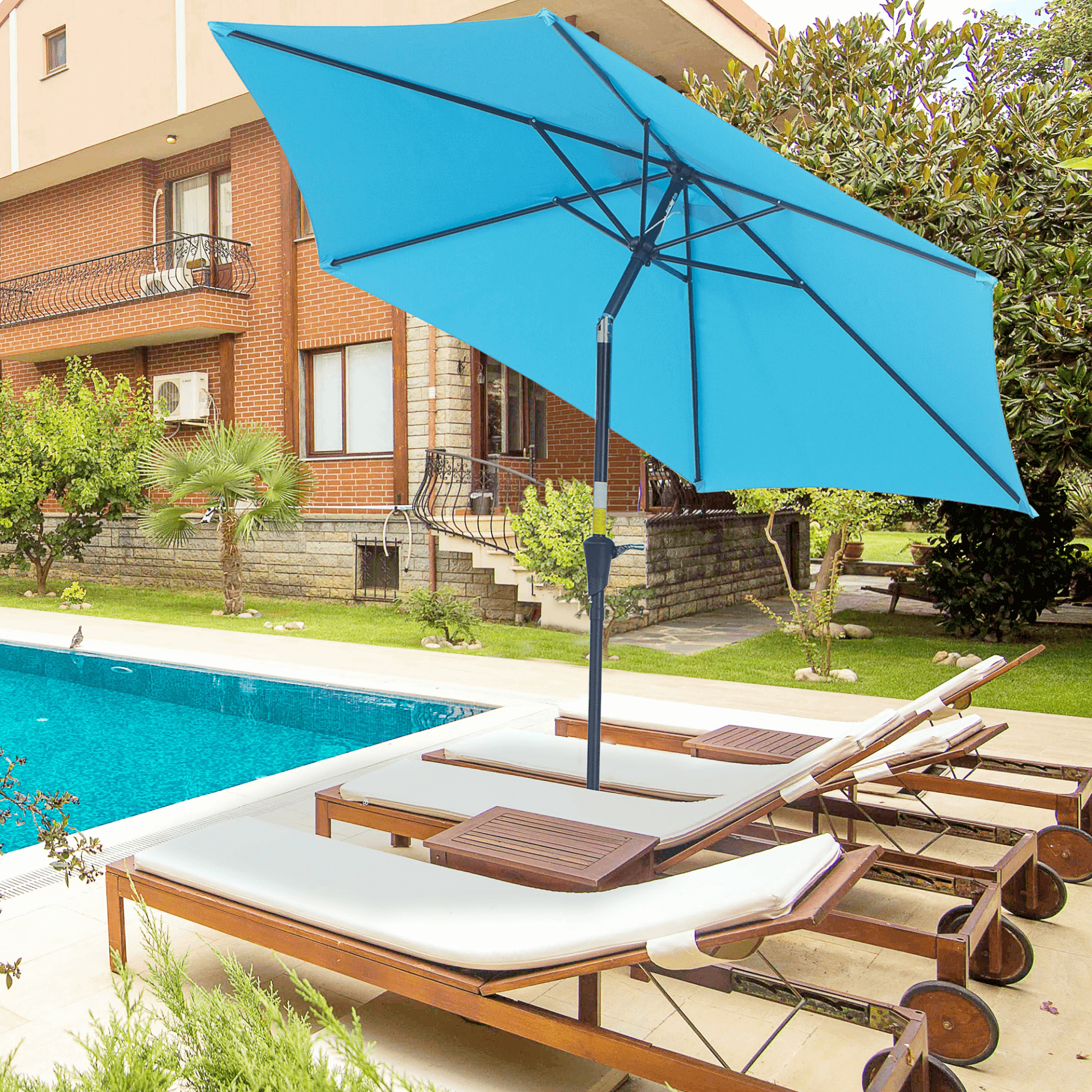 2.7M Tilting Blue Parasol - UV-Resistant Outdoor Umbrella, Upgrade your garden with the 2.7M Blue Tilting Parasol. Features a durable aluminum frame, UV-resistant fabric, and adjustable tilt for perfect shading.