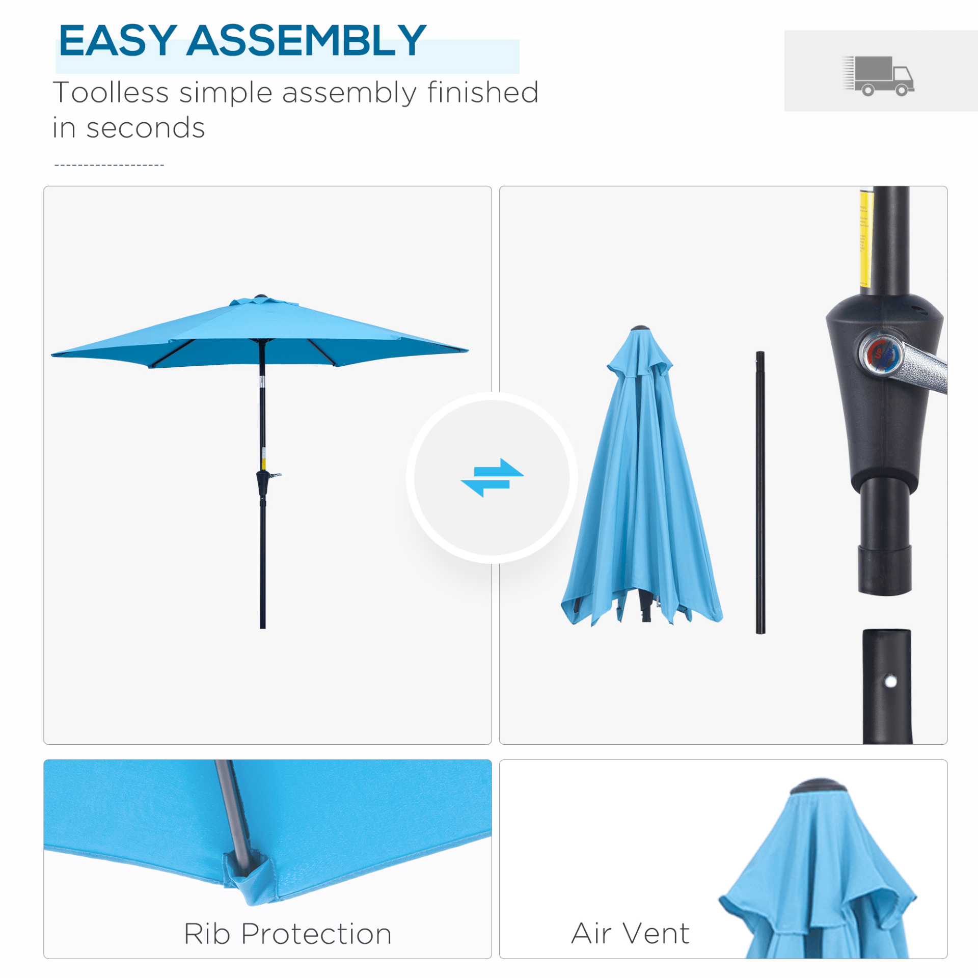 2.7M Tilting Blue Parasol - UV-Resistant Outdoor Umbrella, Upgrade your garden with the 2.7M Blue Tilting Parasol. Features a durable aluminum frame, UV-resistant fabric, and adjustable tilt for perfect shading.