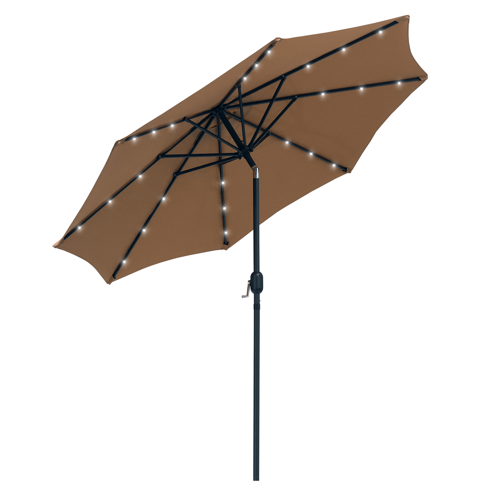 2.7m Patio Garden Umbrella with LED Lights - Brown, Durable, UV-resistant 2.7m patio umbrella with tilt crank & 24 LED lights. Perfect for providing ample shade in your garden, patio, or backyard.