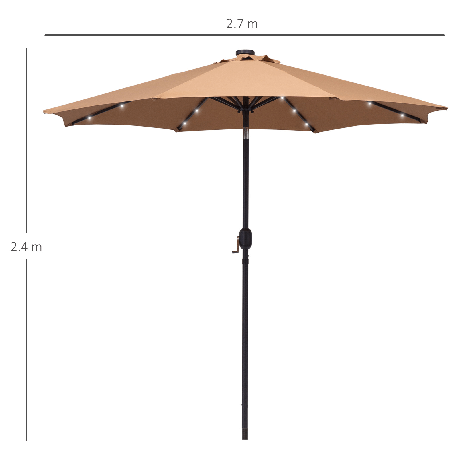 2.7m Patio Garden Umbrella with LED Lights - Brown, Durable, UV-resistant 2.7m patio umbrella with tilt crank & 24 LED lights. Perfect for providing ample shade in your garden, patio, or backyard.