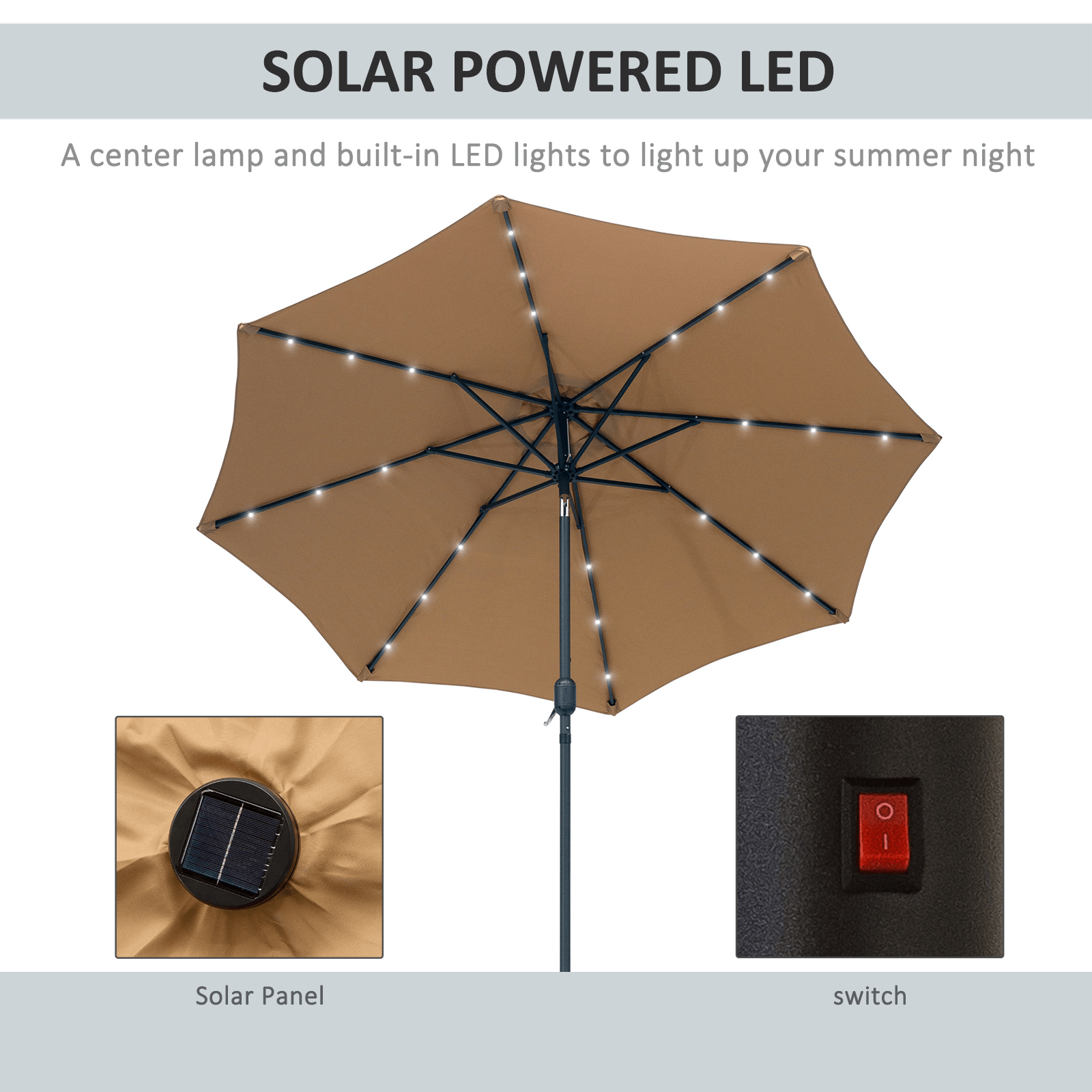 2.7m Patio Garden Umbrella with LED Lights - Brown, Durable, UV-resistant 2.7m patio umbrella with tilt crank & 24 LED lights. Perfect for providing ample shade in your garden, patio, or backyard.