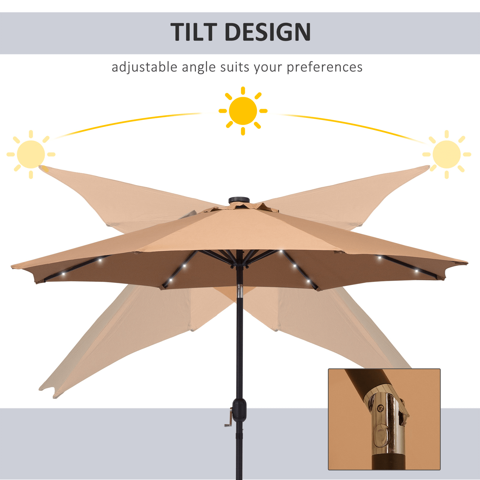 2.7m Patio Garden Umbrella with LED Lights - Brown, Durable, UV-resistant 2.7m patio umbrella with tilt crank & 24 LED lights. Perfect for providing ample shade in your garden, patio, or backyard.